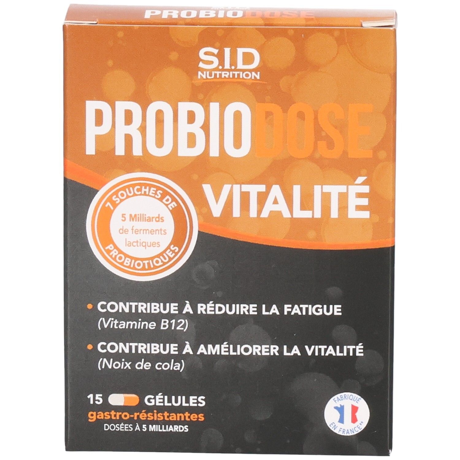 Boîte PROBIODOSE VITALITE. Contient 15 gélules. Design orange et marron. Texte: 7 souches de ferments lactiques.