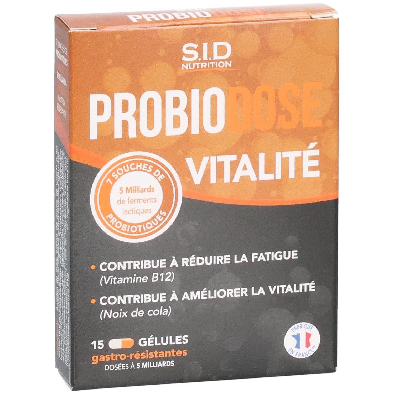Boîte PROBIODOSE VITALITE. Contient 15 gélules. Design orange et marron. Texte: 7 souches de ferments lactiques.