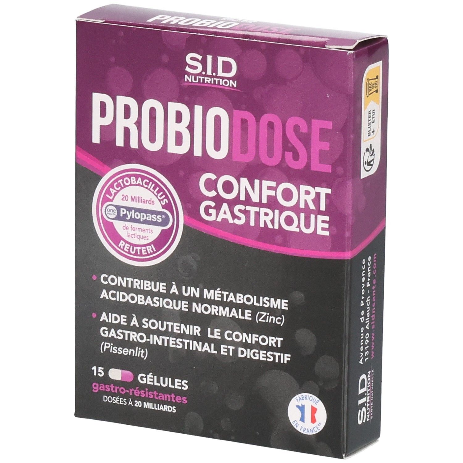 Boîte de SID Nutrition PROBIODOSE CONFORT GASTRIQUE. Contient 15 gélules. Design violet et blanc avec informations produit.