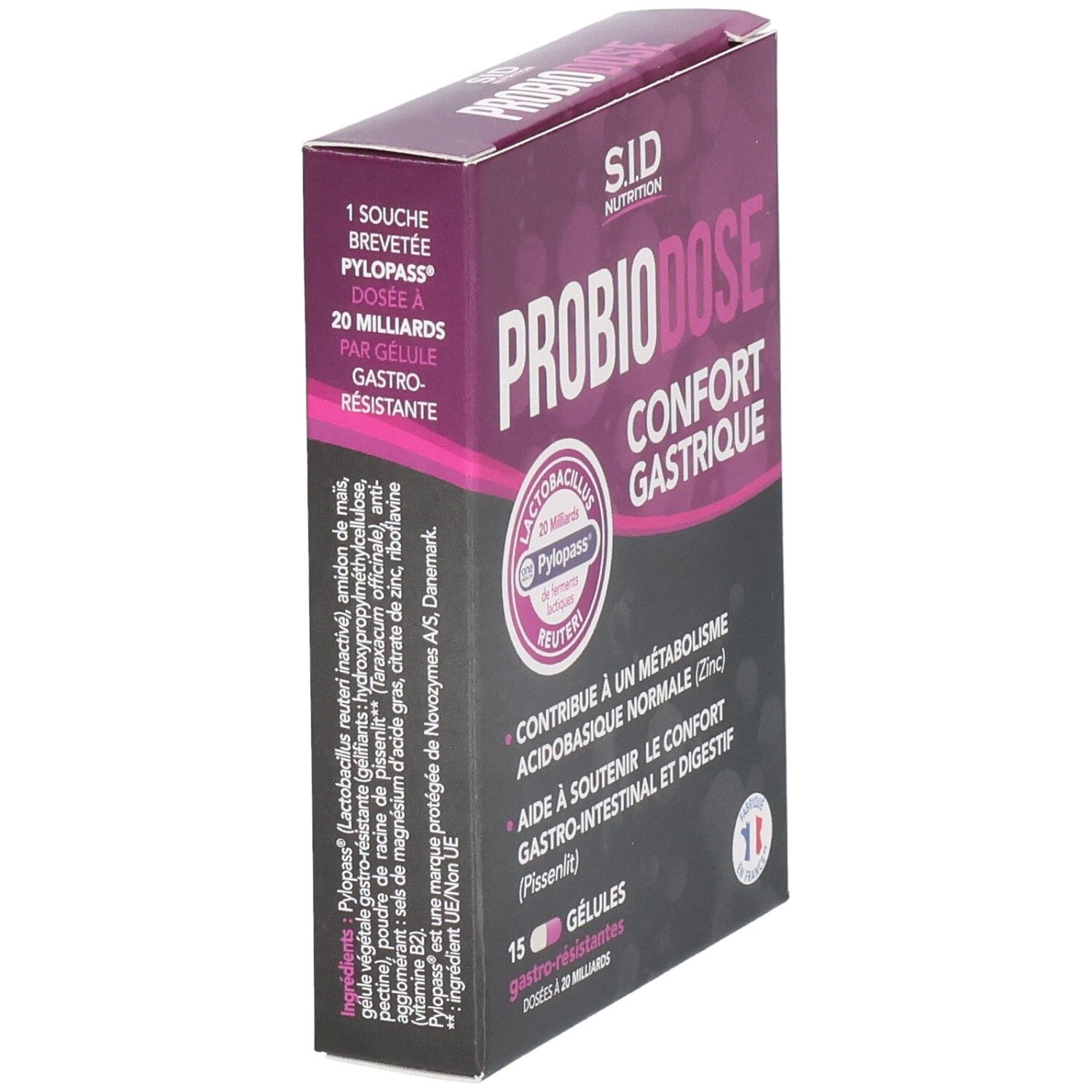 Vue en biais de la boîte de SID Nutrition PROBIODOSE CONFORT GASTRIQUE. Contient 15 gélules. Informations produit et ingrédients.