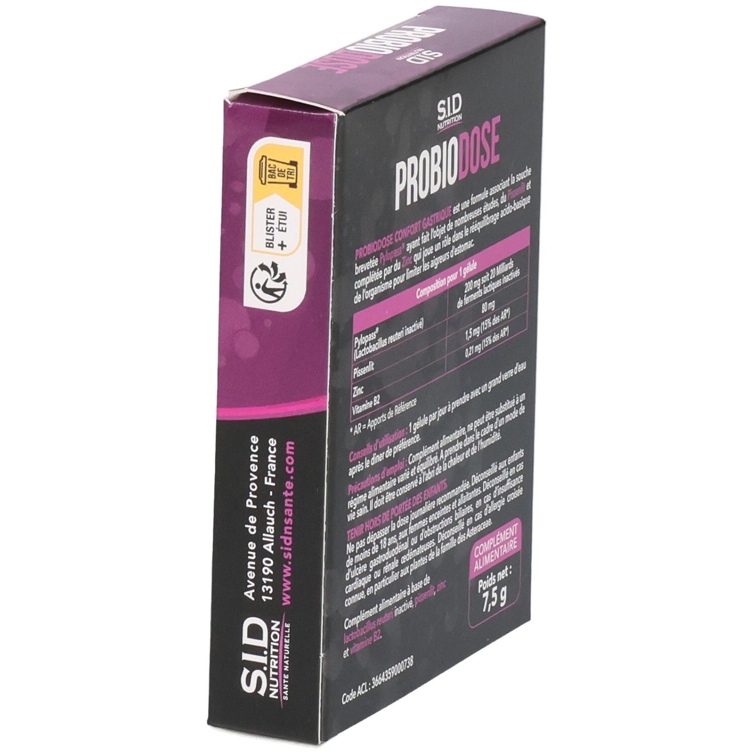 Vue en biais de la boîte de SID Nutrition PROBIODOSE CONFORT GASTRIQUE. Contient 15 gélules. Informations produit et adresse.