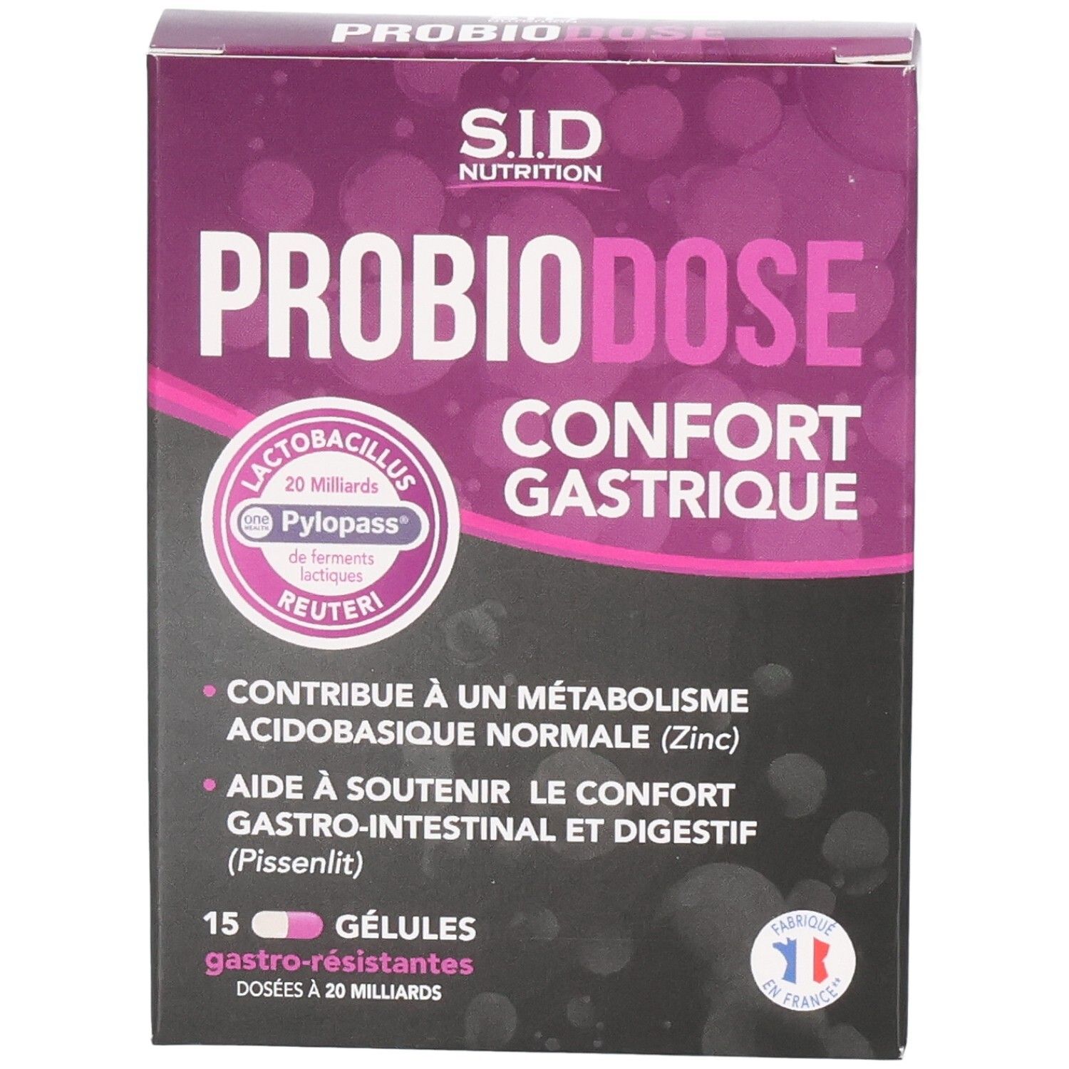 Vue de face de la boîte de SID Nutrition PROBIODOSE CONFORT GASTRIQUE. Contient 15 gélules. Nom du produit et logo.