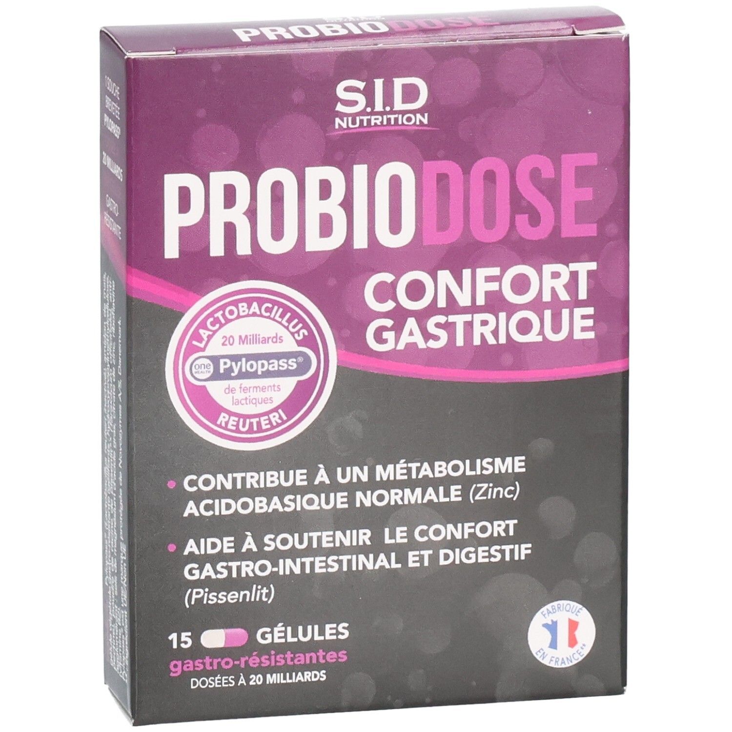 Vue de face de la boîte de SID Nutrition PROBIODOSE CONFORT GASTRIQUE. Contient 15 gélules. Nom du produit et logo.