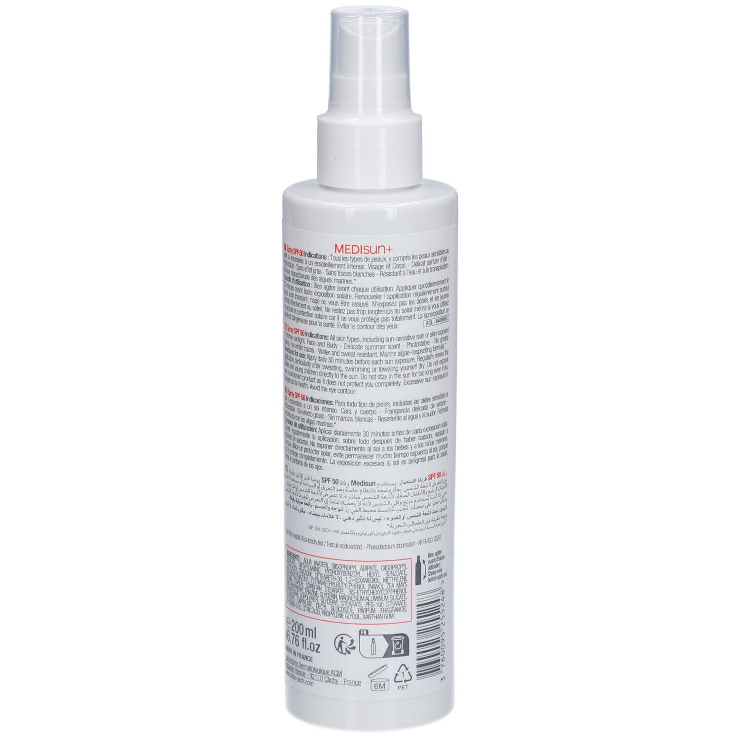 Spray solaire blanc avec texte au dos. Marque : ACM. Avec tête de pulvérisation.
