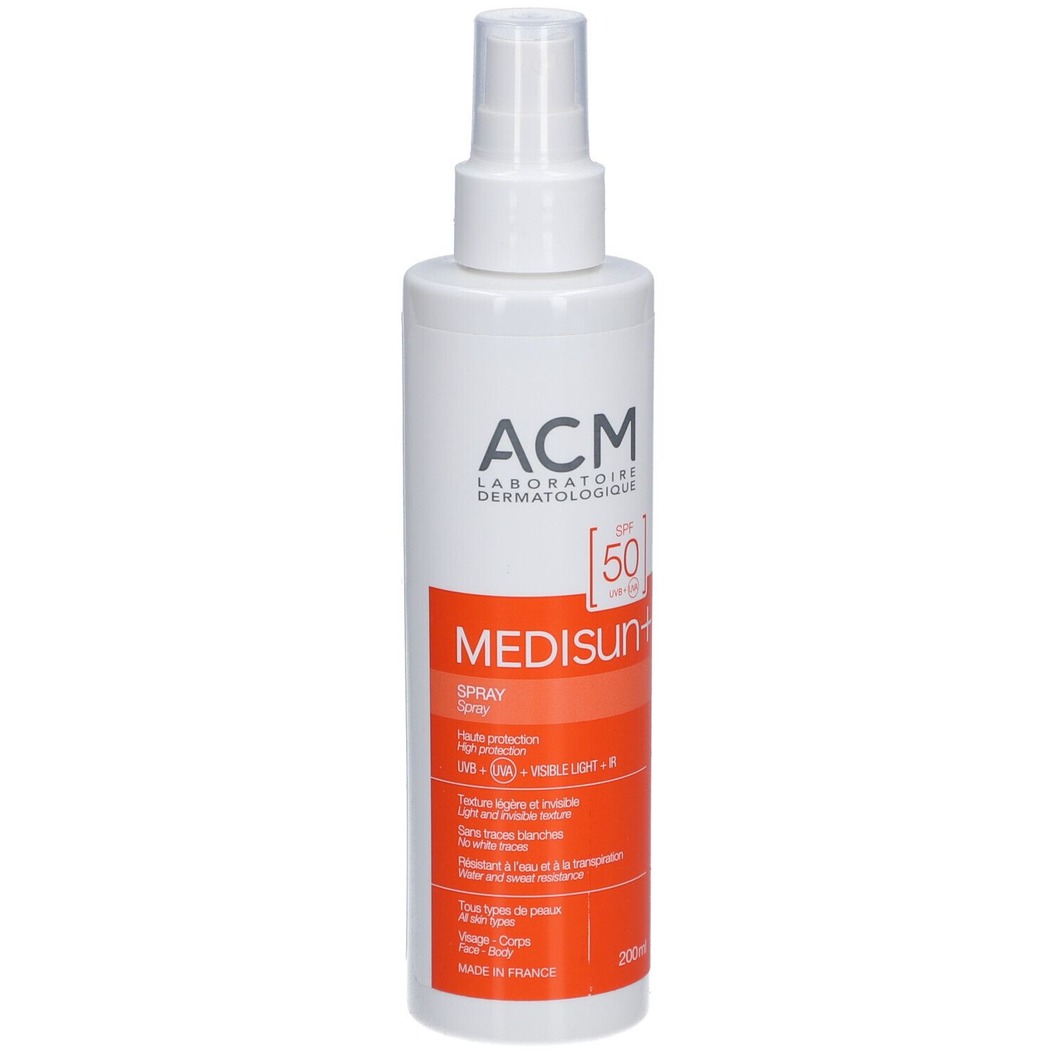 Spray solaire blanc avec tête de pulvérisation. Bande orange avec texte. Marque : ACM Medisun+ SPF 50.