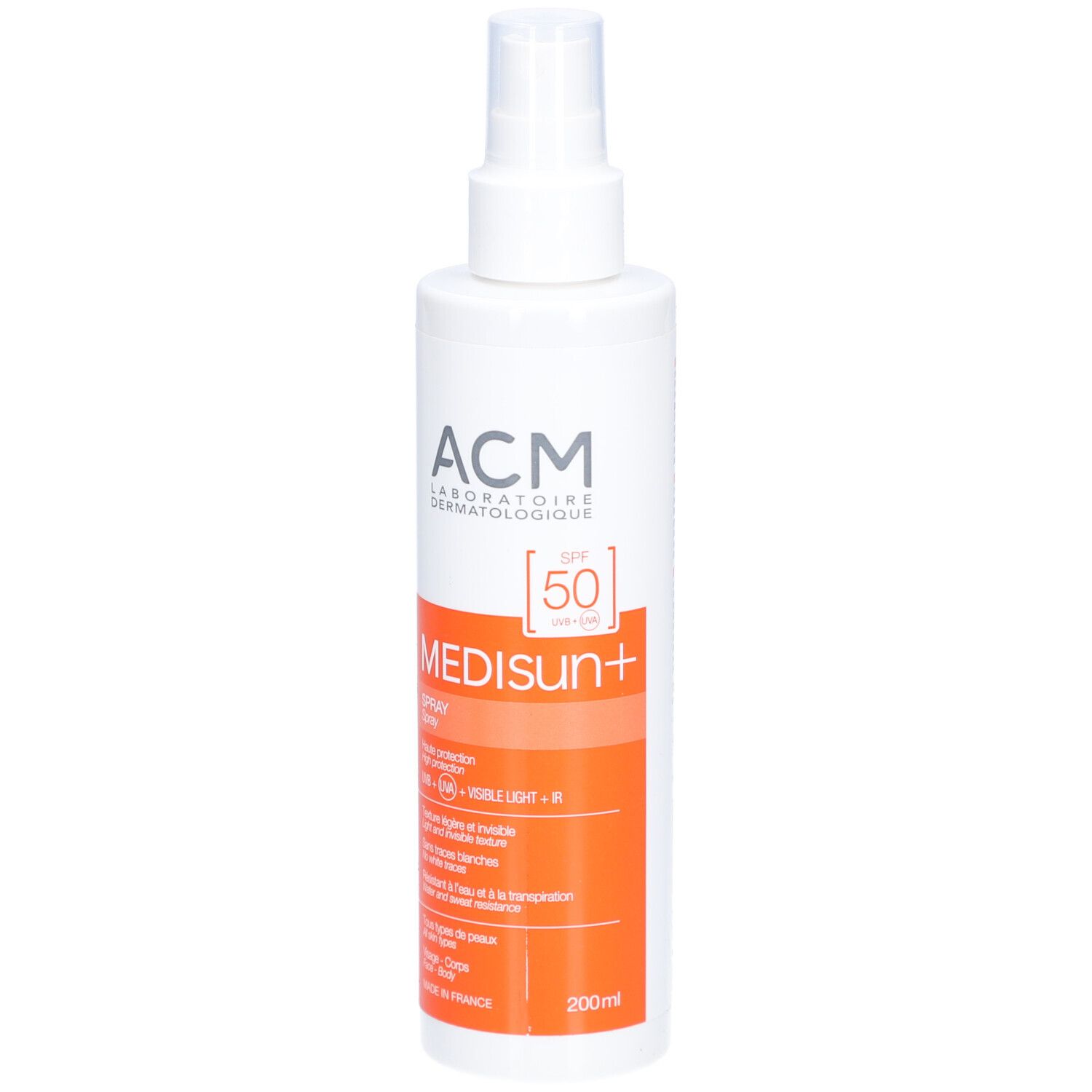 Spray solaire blanc avec tête de pulvérisation. Bande orange avec texte. Marque : ACM Medisun+ SPF 50.