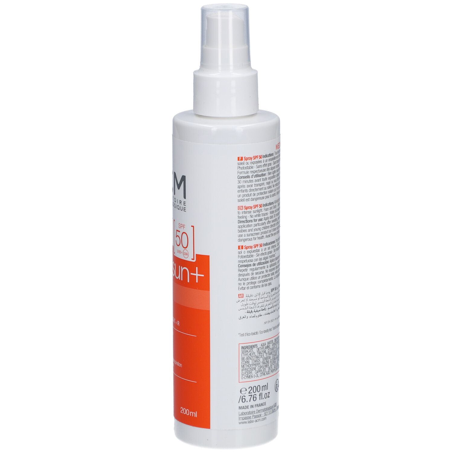 Spray solaire blanc avec texte au dos. Marque : ACM. Avec tête de pulvérisation.