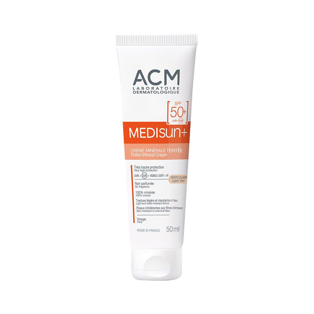 Tube de crème Medisun+ Crème Minérale Teintée SPF50+. Marque ACM. Tube blanc, impression orange. Teinte claire.