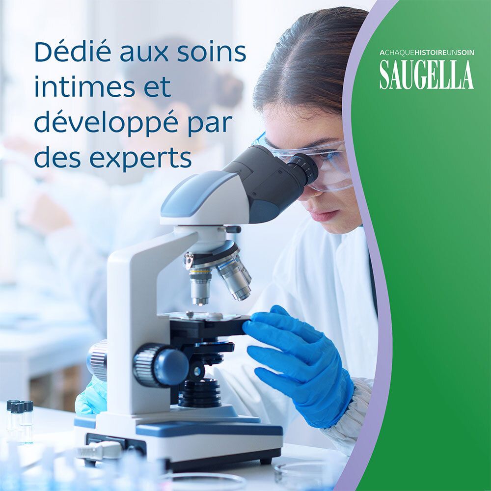 Illustration des ingrédients Saugella : thym, zinc, acide lactique, etc. Liquide appliqué sur un doigt.