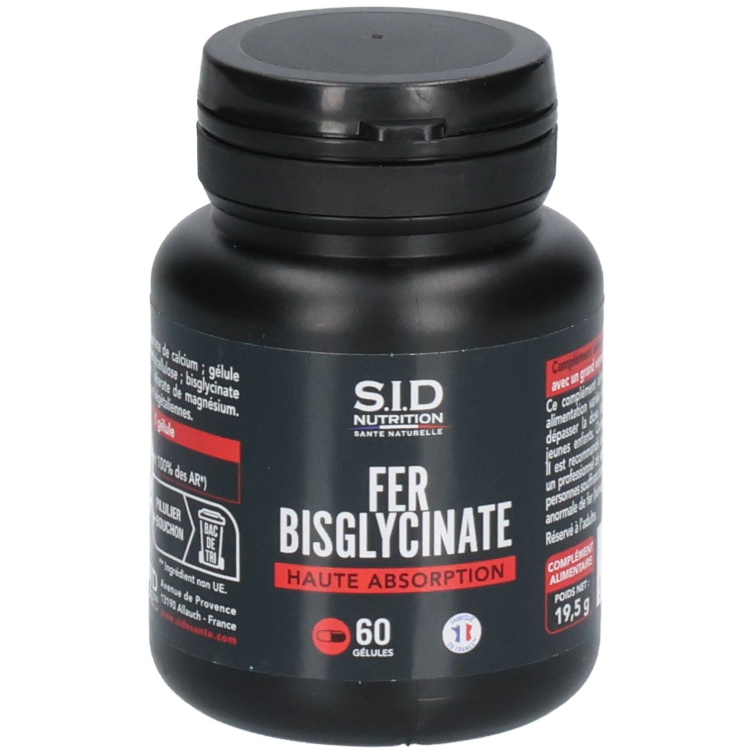 Flacon noir avec inscriptions rouges et blanches. Contient 60 gélules. Inscription: FER BISGLYCINATE, Haute Absorption.