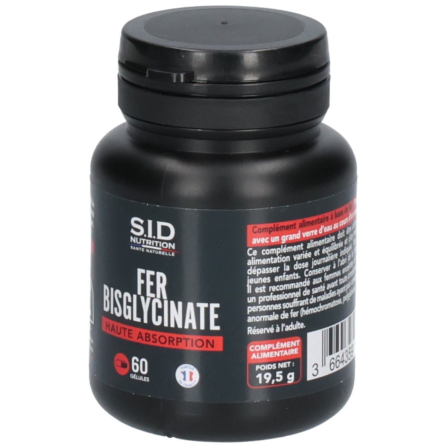 Flacon noir avec inscriptions rouges et blanches. Contient 60 gélules. Inscription: FER BISGLYCINATE, Haute Absorption.