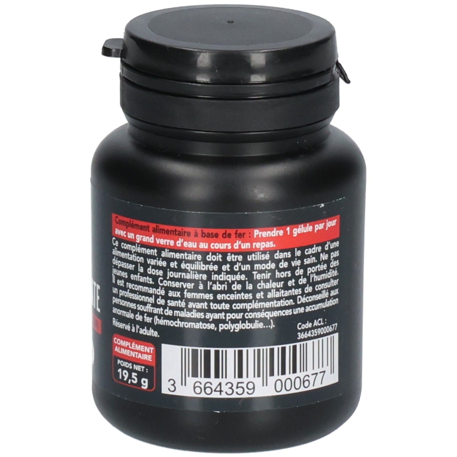 Dos du flacon noir avec informations. Contient des informations sur les ingrédients et le poids. Inscription: 19,5 g.