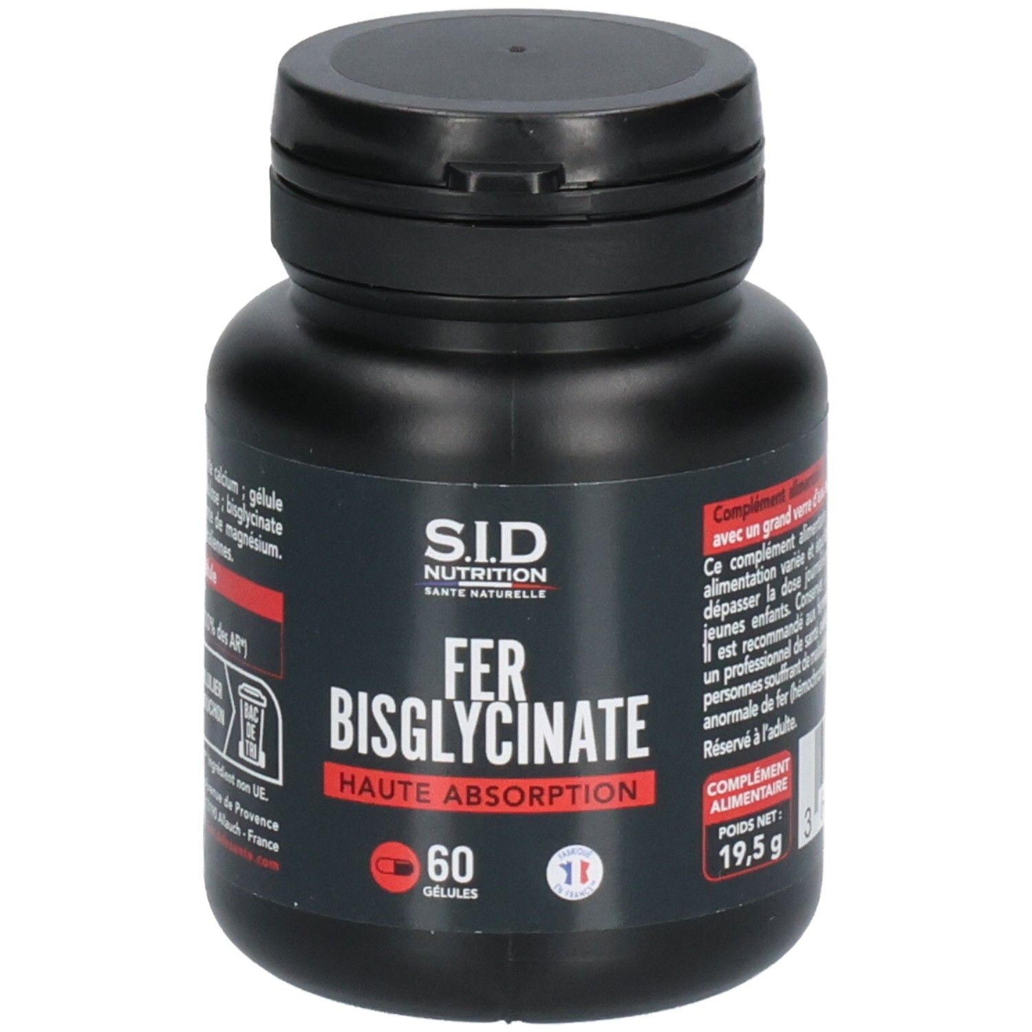 Flacon noir avec inscriptions rouges et blanches. Contient 60 gélules. Inscription: FER BISGLYCINATE, Haute Absorption.