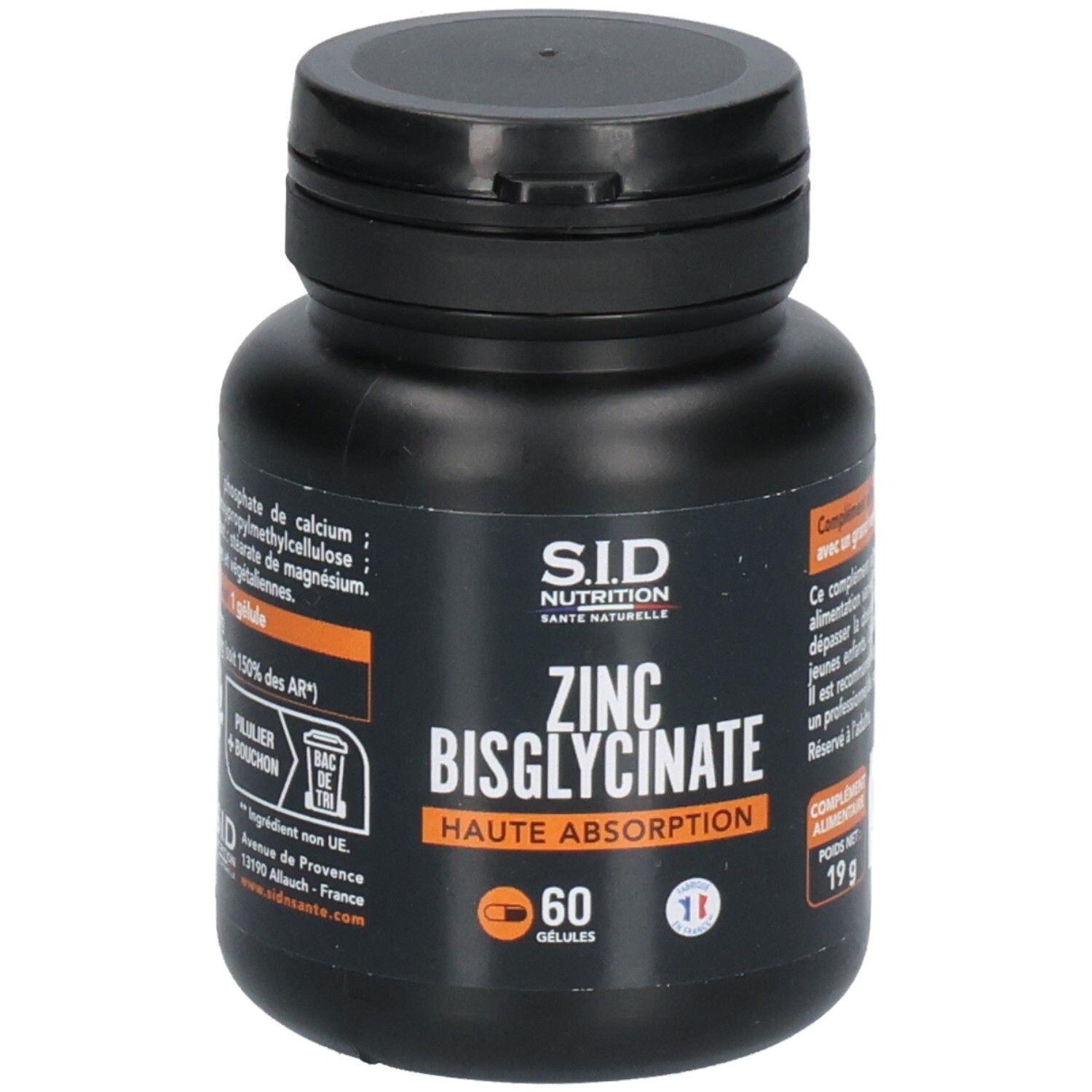 Flacon noir de Zinc Bisglycinate, 60 gélules. Marque SID Nutrition. Inscriptions en français.