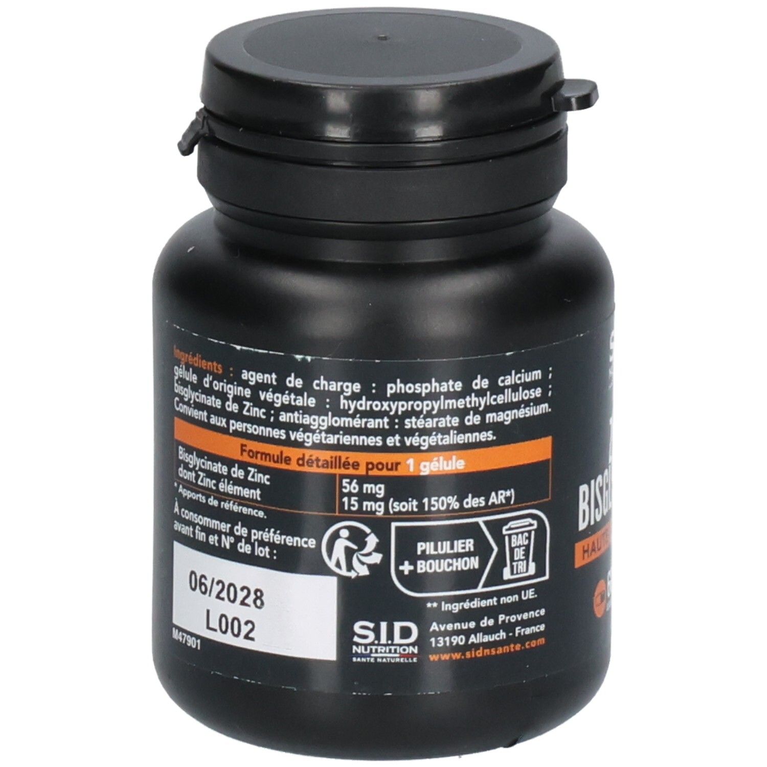 Dos du flacon noir avec ingrédients et date de péremption. Inscriptions en français.