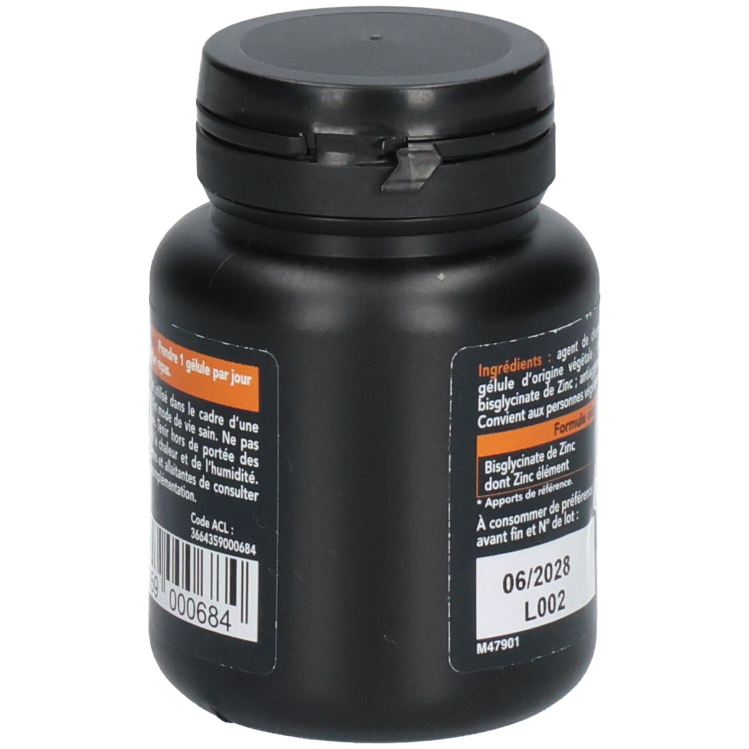 Dos du flacon noir avec ingrédients et date de péremption. Inscriptions en français.