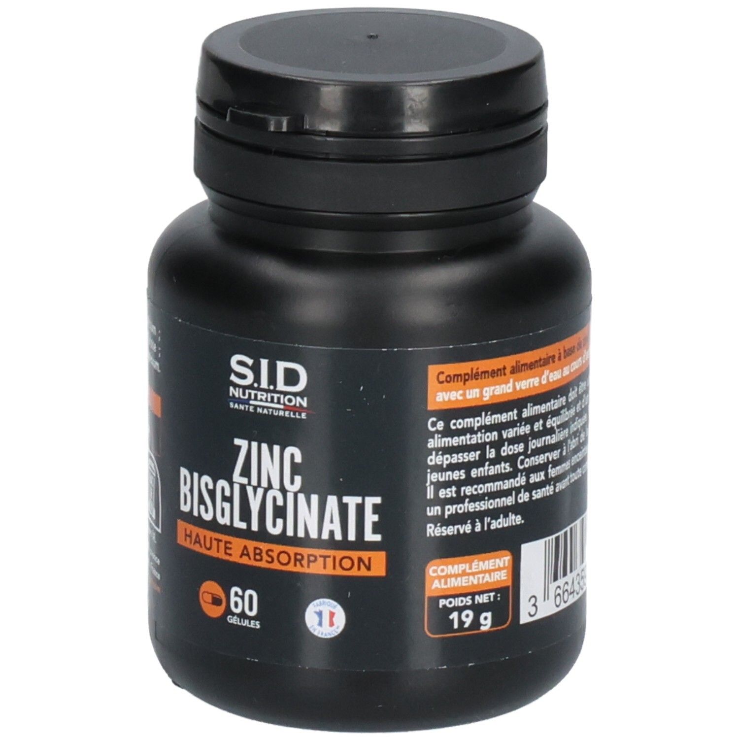 Flacon noir de Zinc Bisglycinate, 60 gélules. Marque SID Nutrition. Inscriptions en français.