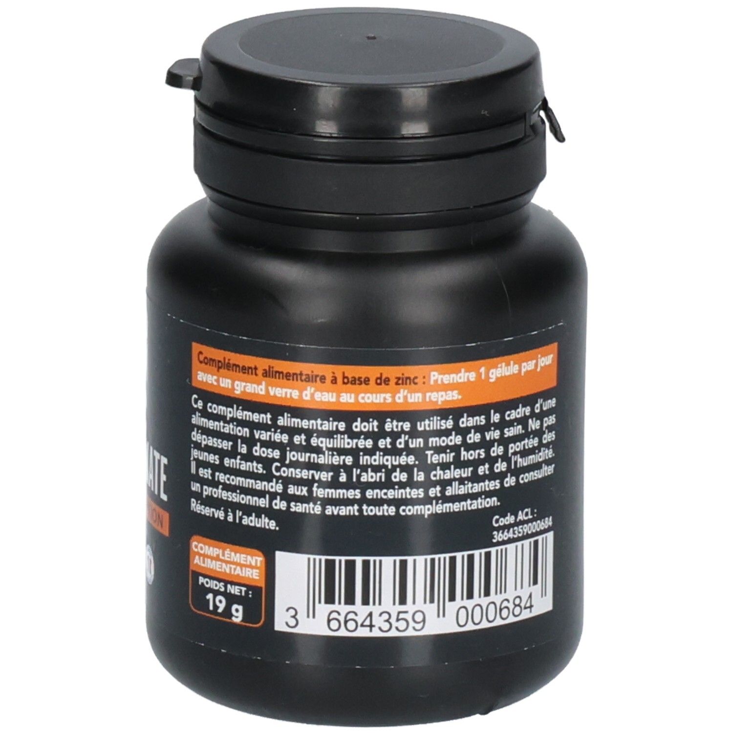 Flacon noir de Zinc Bisglycinate, 60 gélules. Marque SID Nutrition. Inscriptions en français.