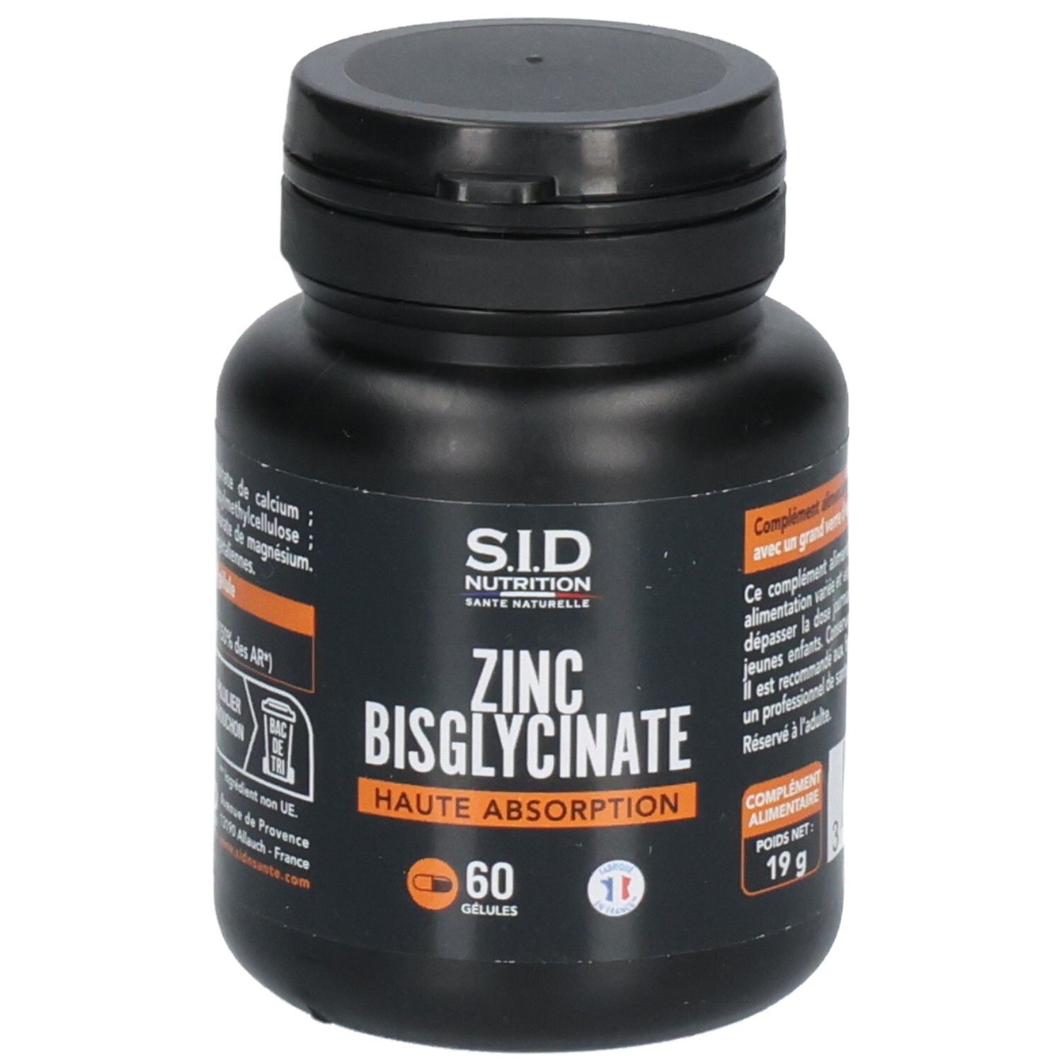 Flacon noir de Zinc Bisglycinate, 60 gélules. Marque SID Nutrition. Inscriptions en français.