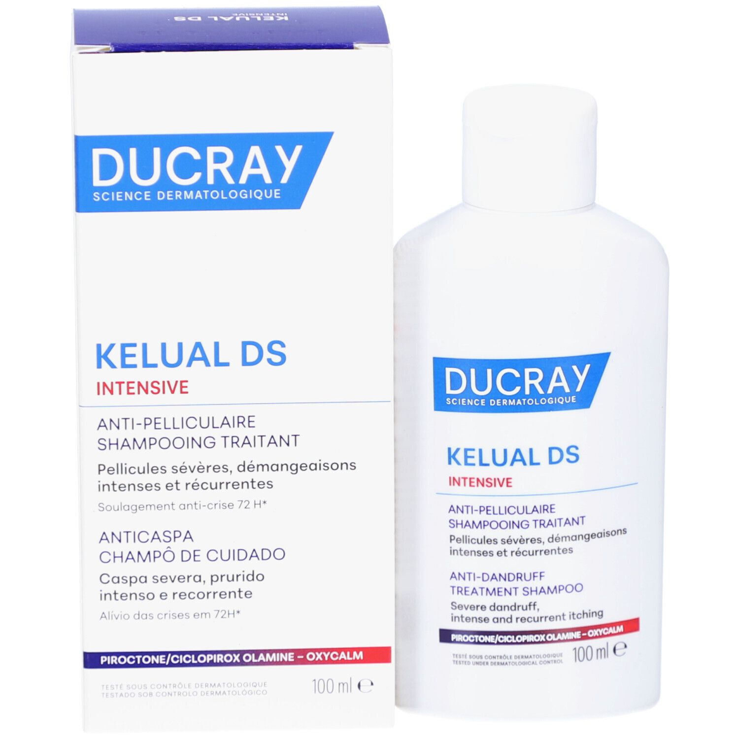 Emballage du produit avec flacon et boîte. Inscription: DUCRAY, KELUAL DS INTENSIVE. Shampooing antipelliculaire.