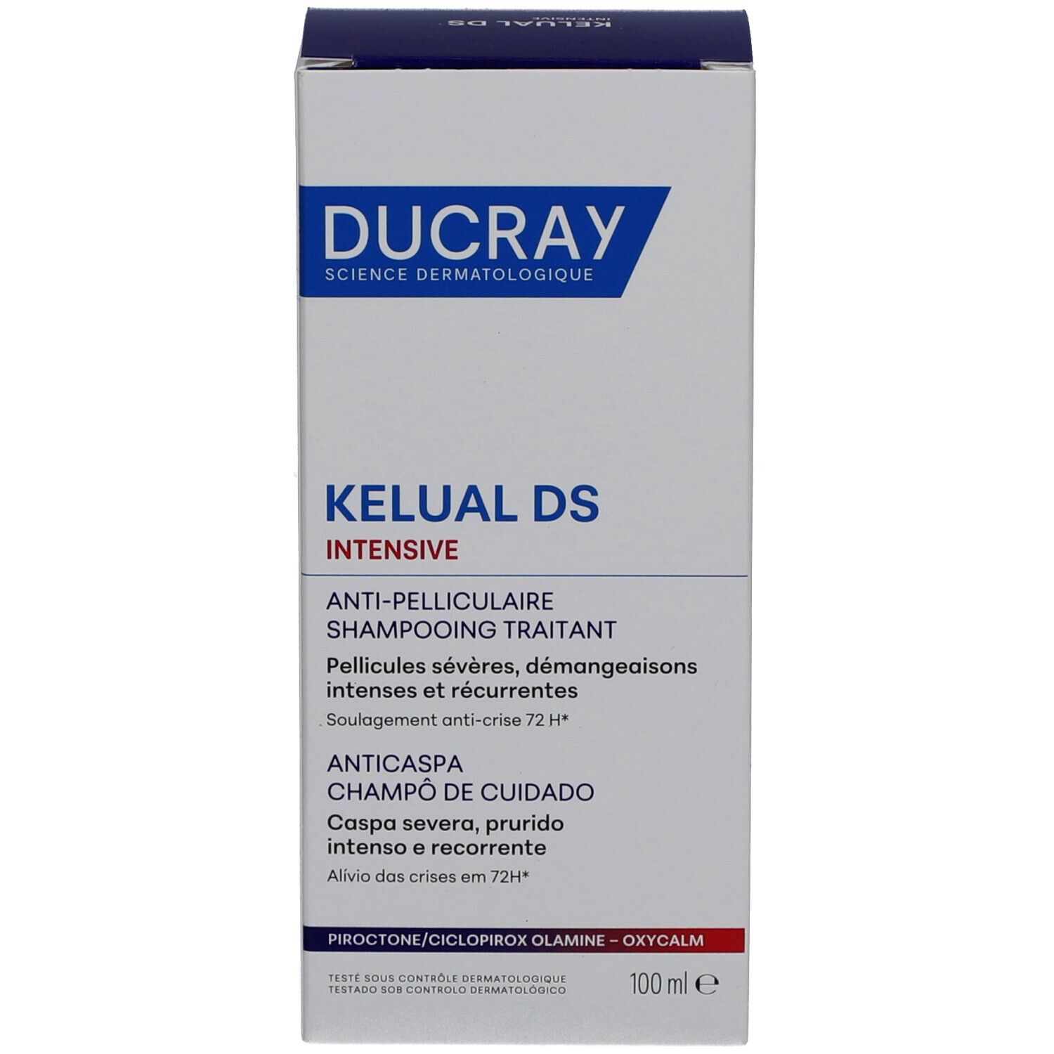 Emballage en carton avec dessus bleu. Inscription: DUCRAY, KELUAL DS INTENSIVE. Shampooing antipelliculaire.
