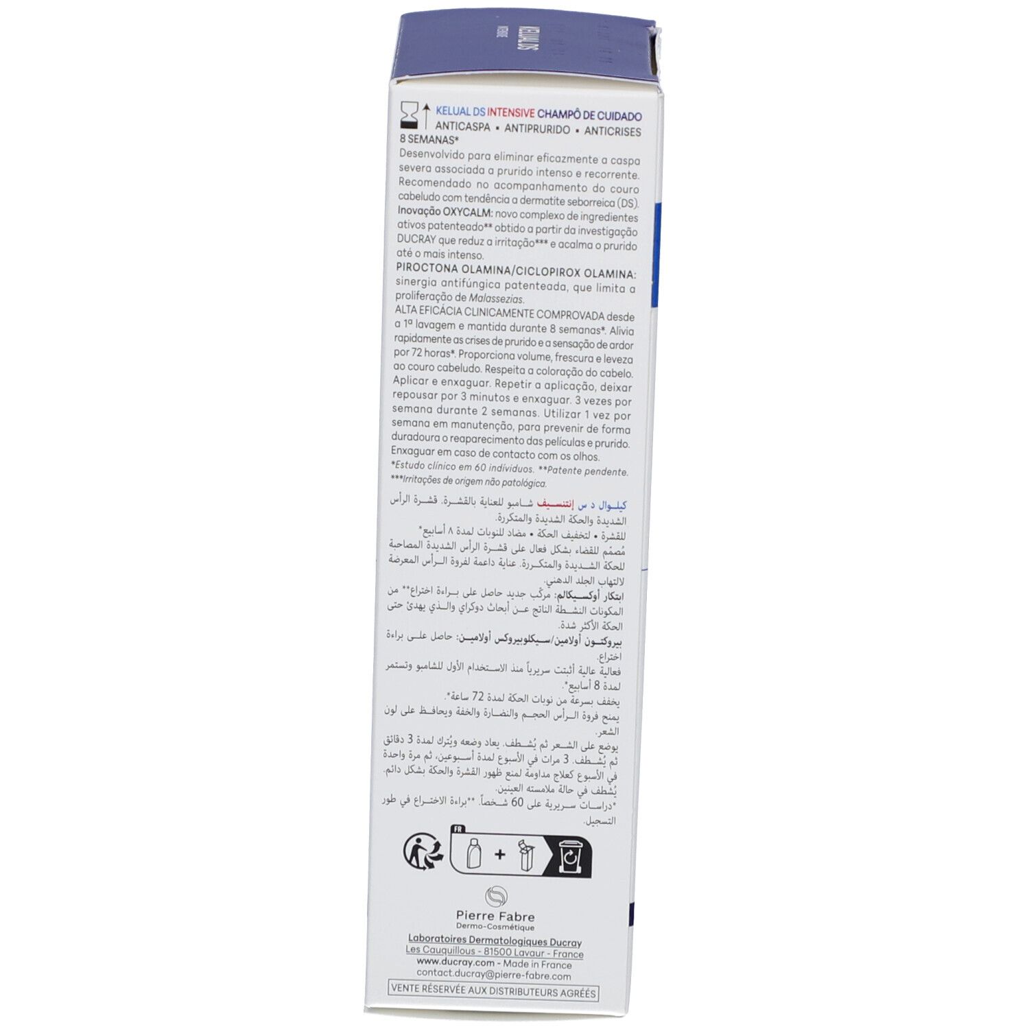 Emballage en carton étroit. Texte en plusieurs langues. Informations et instructions du produit.