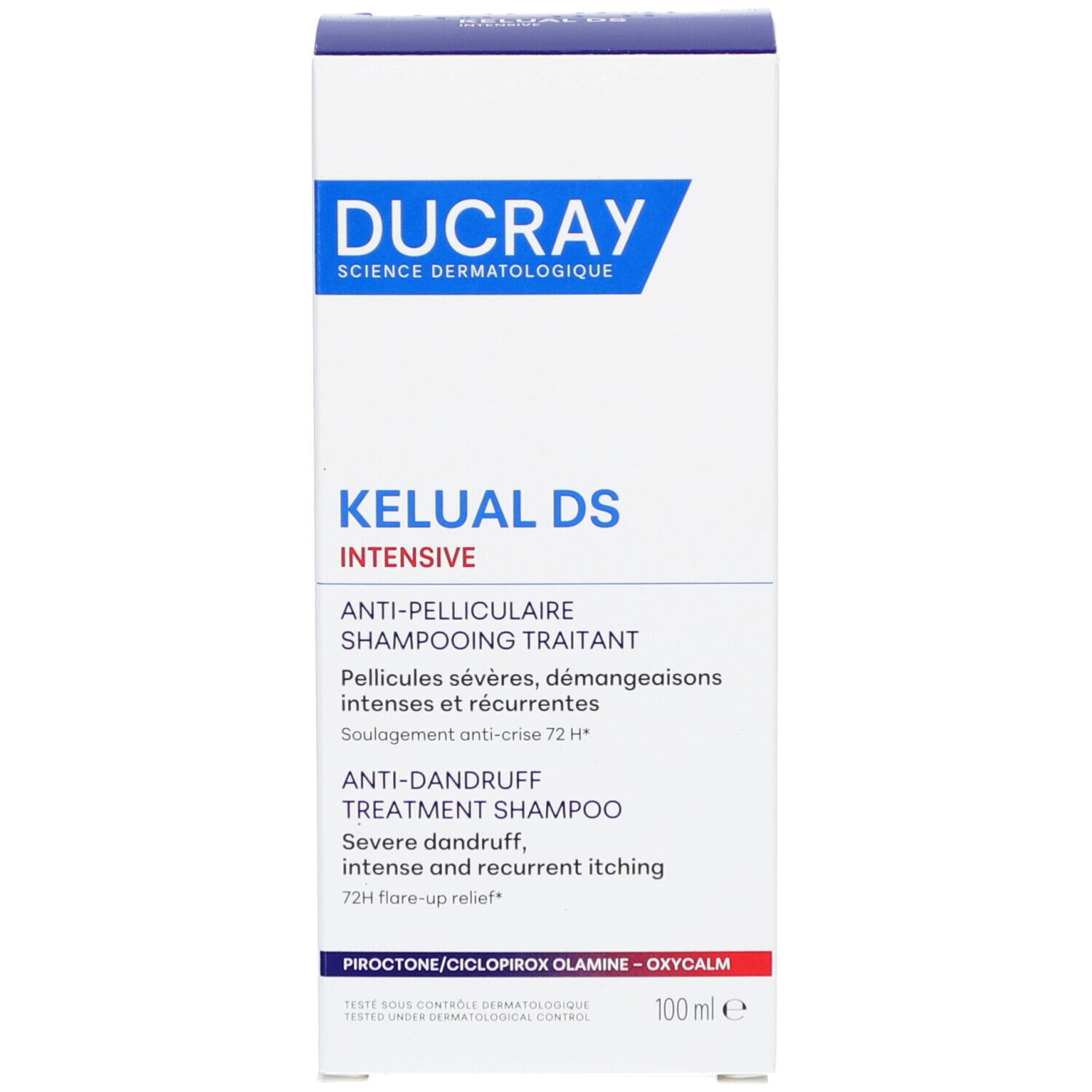 Emballage en carton avec dessus bleu. Inscription: DUCRAY, KELUAL DS INTENSIVE. Shampooing antipelliculaire.