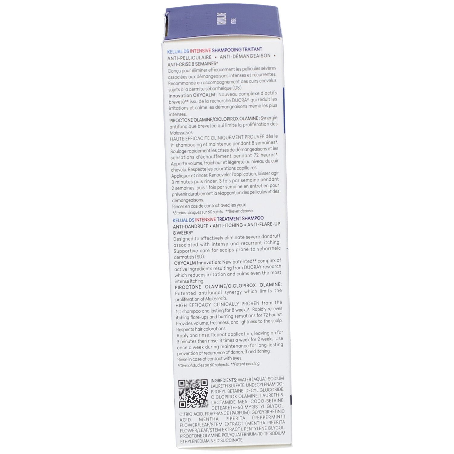 Emballage en carton étroit. Texte en plusieurs langues. Informations et ingrédients du produit.