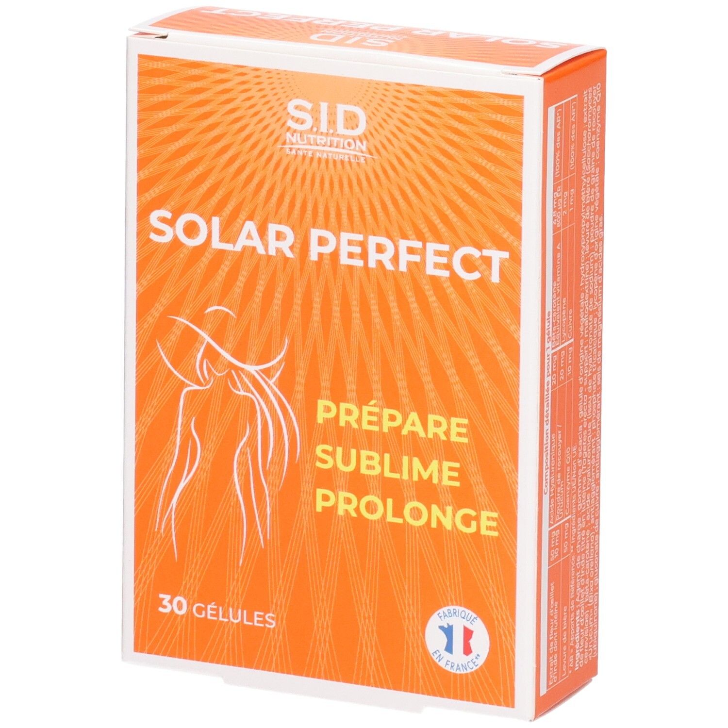 Boîte orange "SID Nutrition SOLAR PERFECT". Contient 30 gélules. Logo "Fabriqué en France".