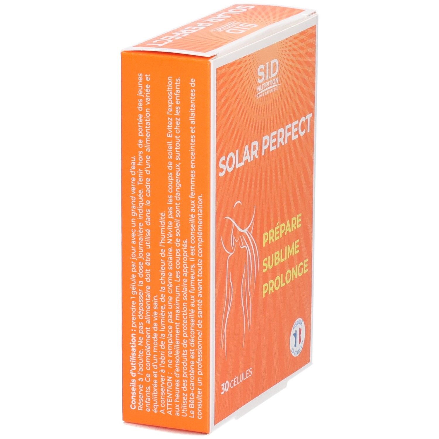 Boîte orange "SID Nutrition SOLAR PERFECT". Texte et logo. Contient 30 gélules. Label France.