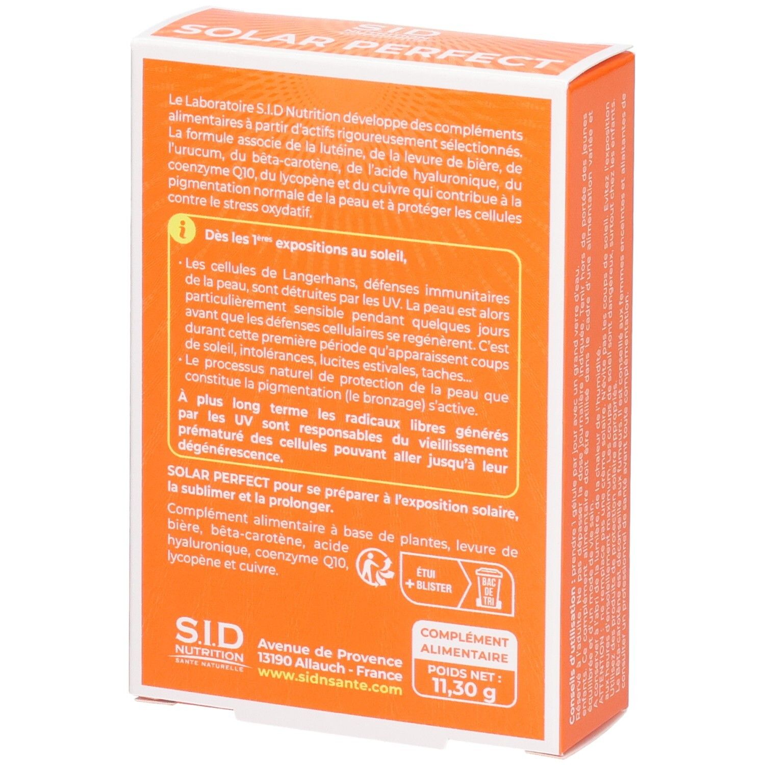 Dos de la boîte orange "SOLAR PERFECT". Informations textuelles et ingrédients. Poids net : 11,30 g.