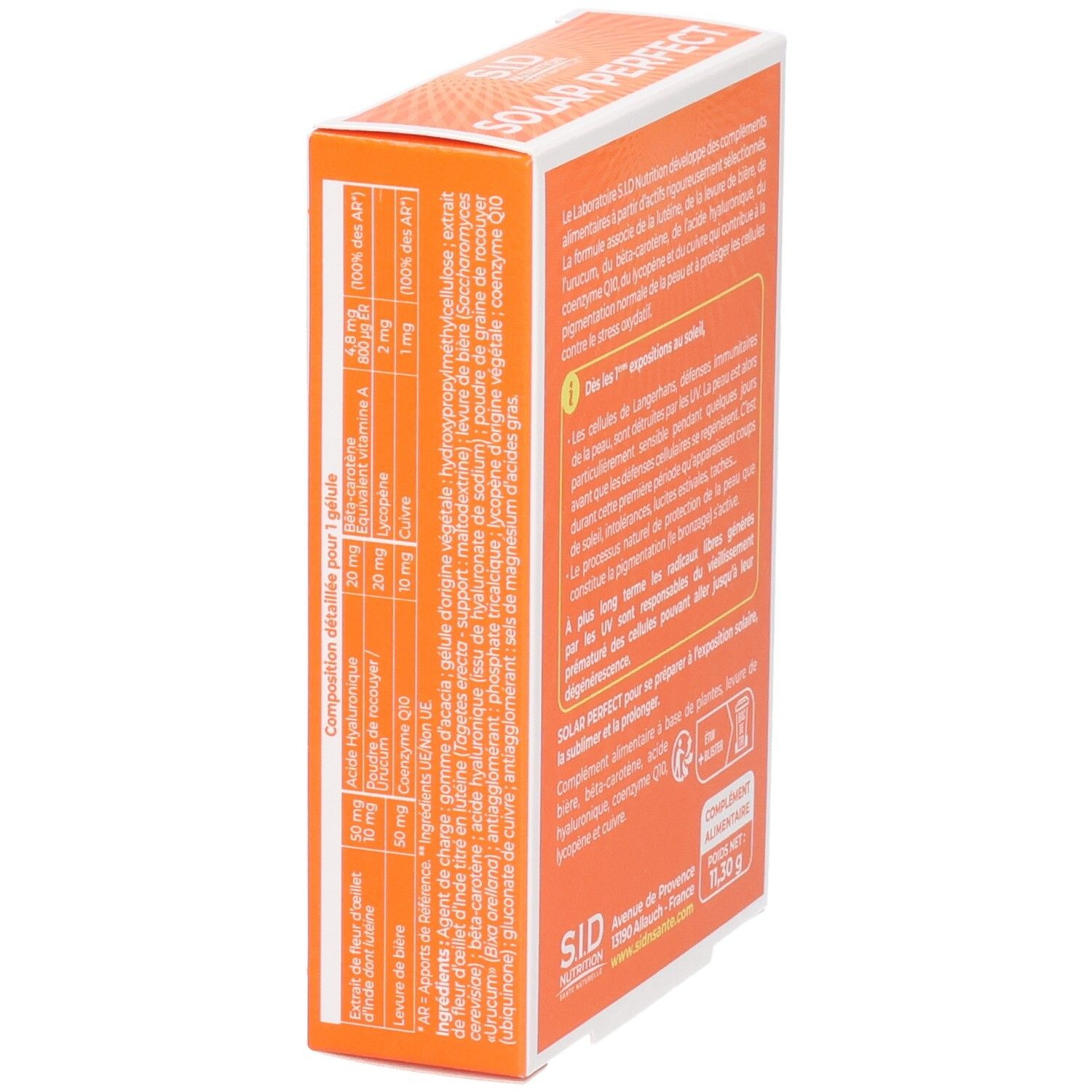 Vue détaillée de la boîte orange "SOLAR PERFECT". Ingrédients et informations nutritionnelles.