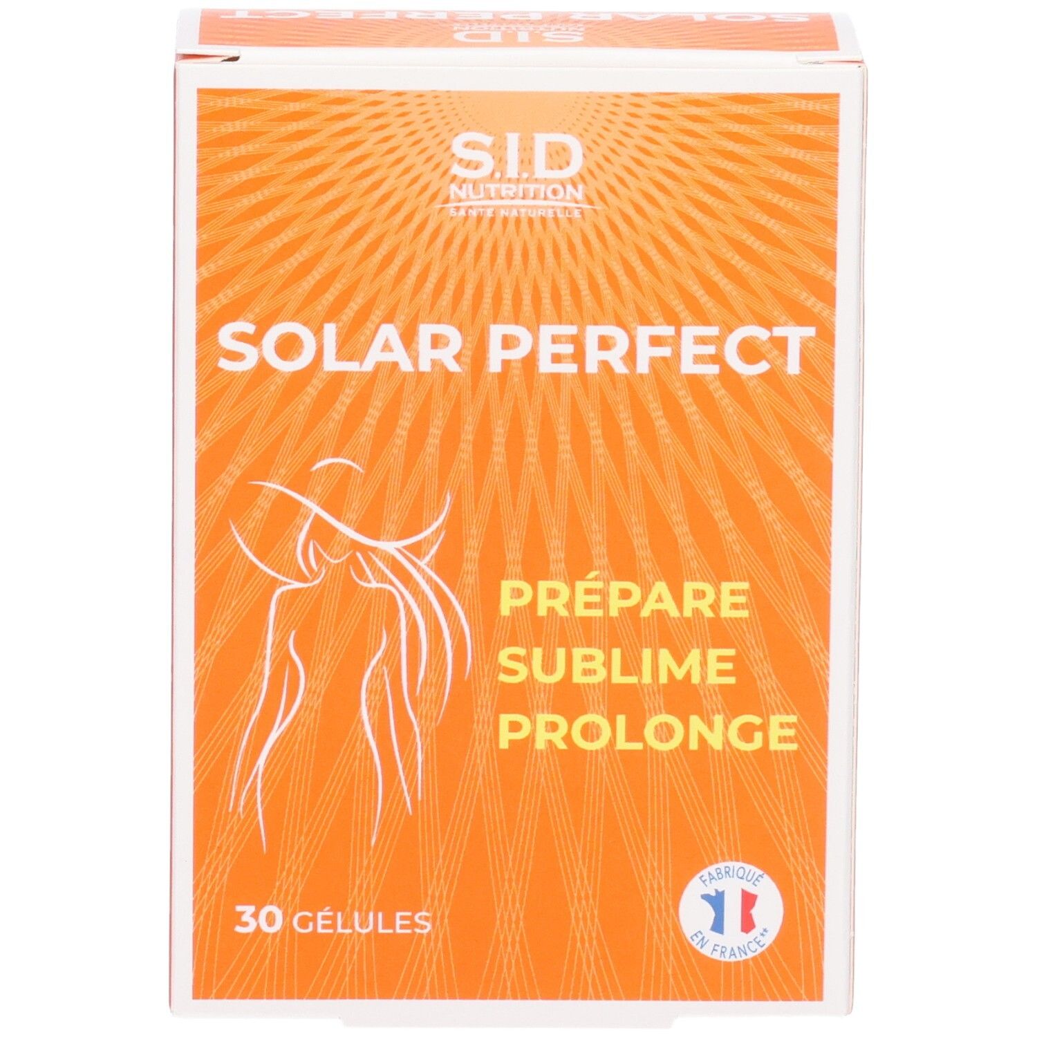 Boîte orange "SID Nutrition SOLAR PERFECT". Contient 30 gélules. Label France.