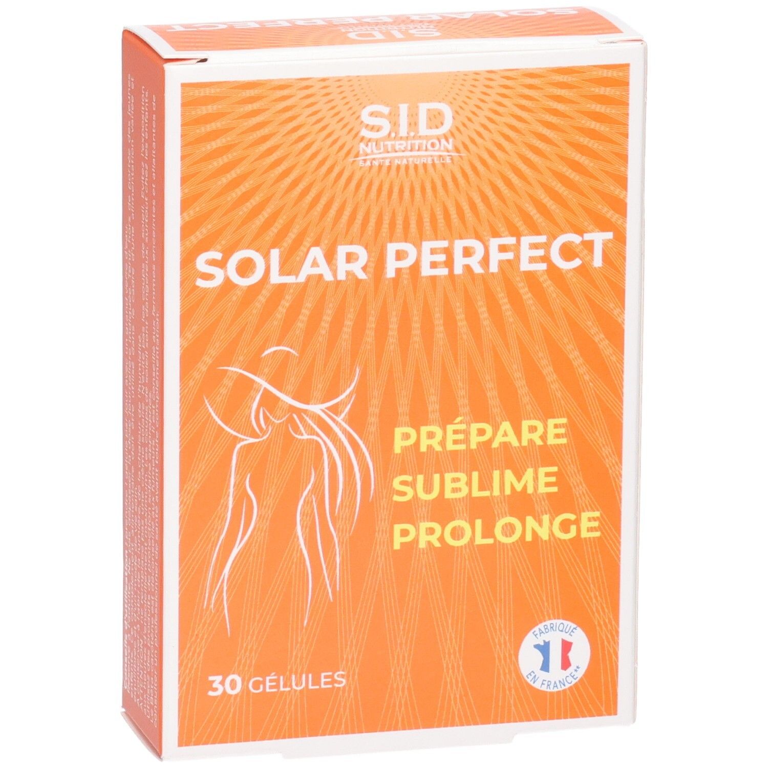 Boîte orange "SID Nutrition SOLAR PERFECT". Contient 30 gélules. Label France.