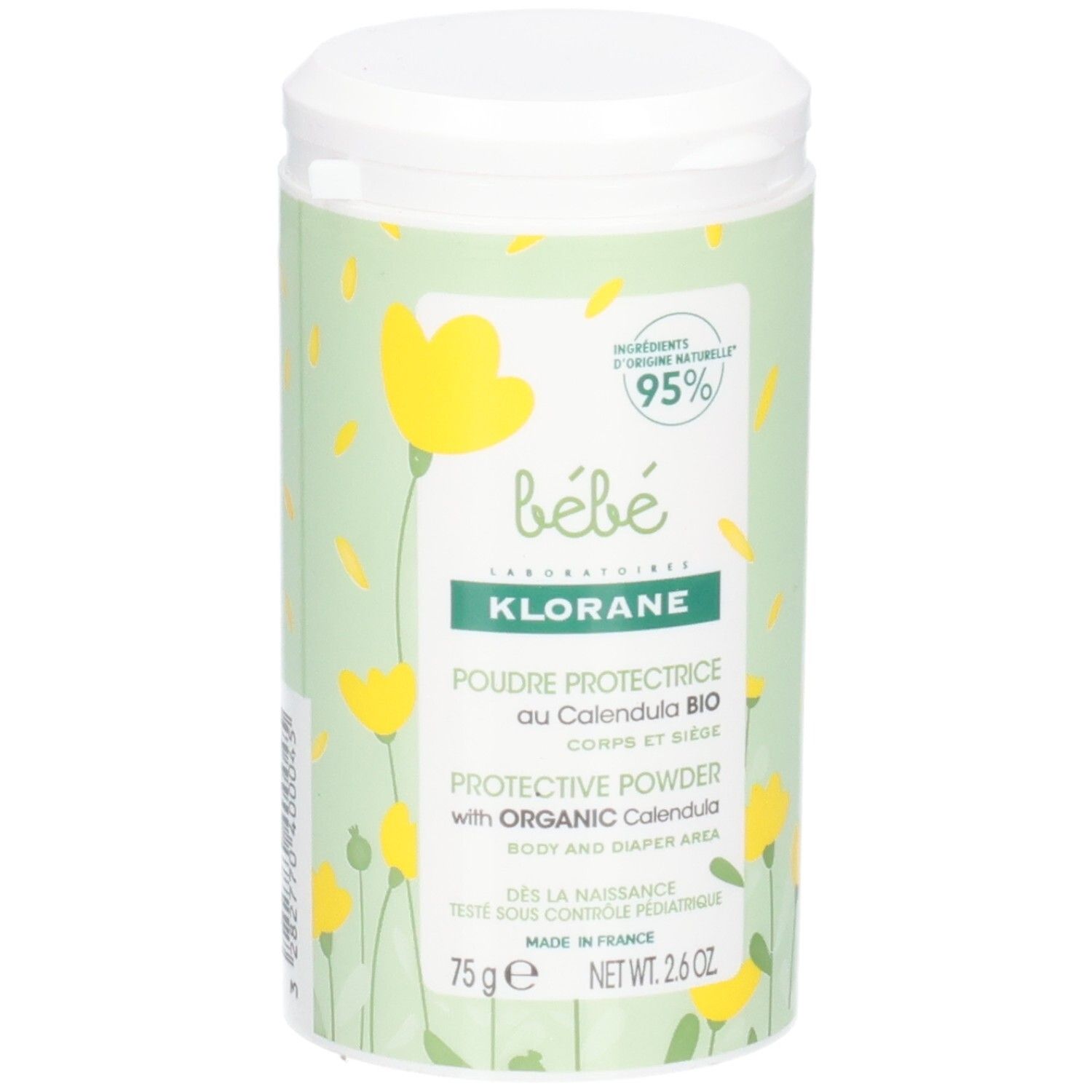 Boîte cylindrique blanche et verte. Inscriptions: Klorane Bébé, Poudre Protectrice au Calendula Bio. 75g, 2.6 OZ. Décor floral jaune.