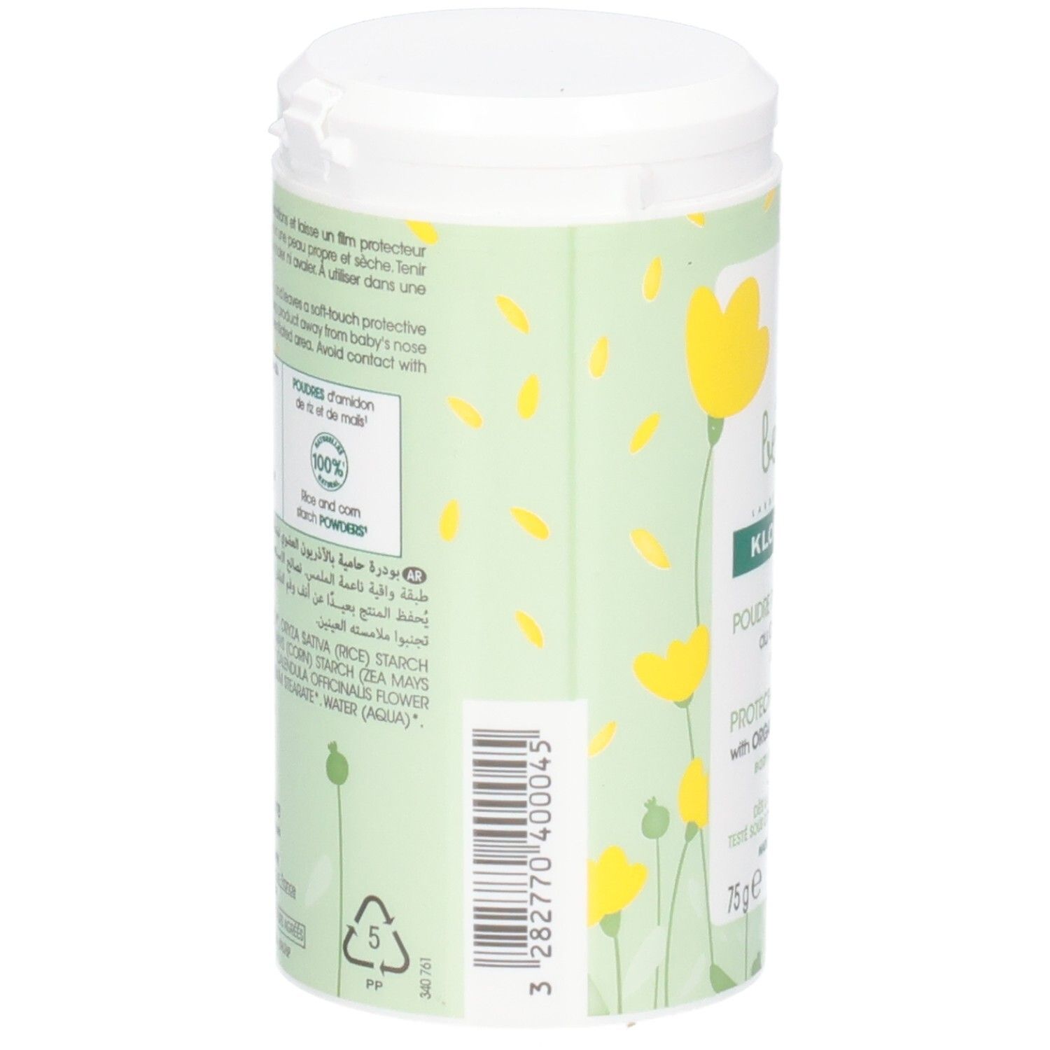 Boîte verte avec couvercle blanc. Inscriptions et code-barres. Texte au dos et fleurs jaunes. Contient 75g.