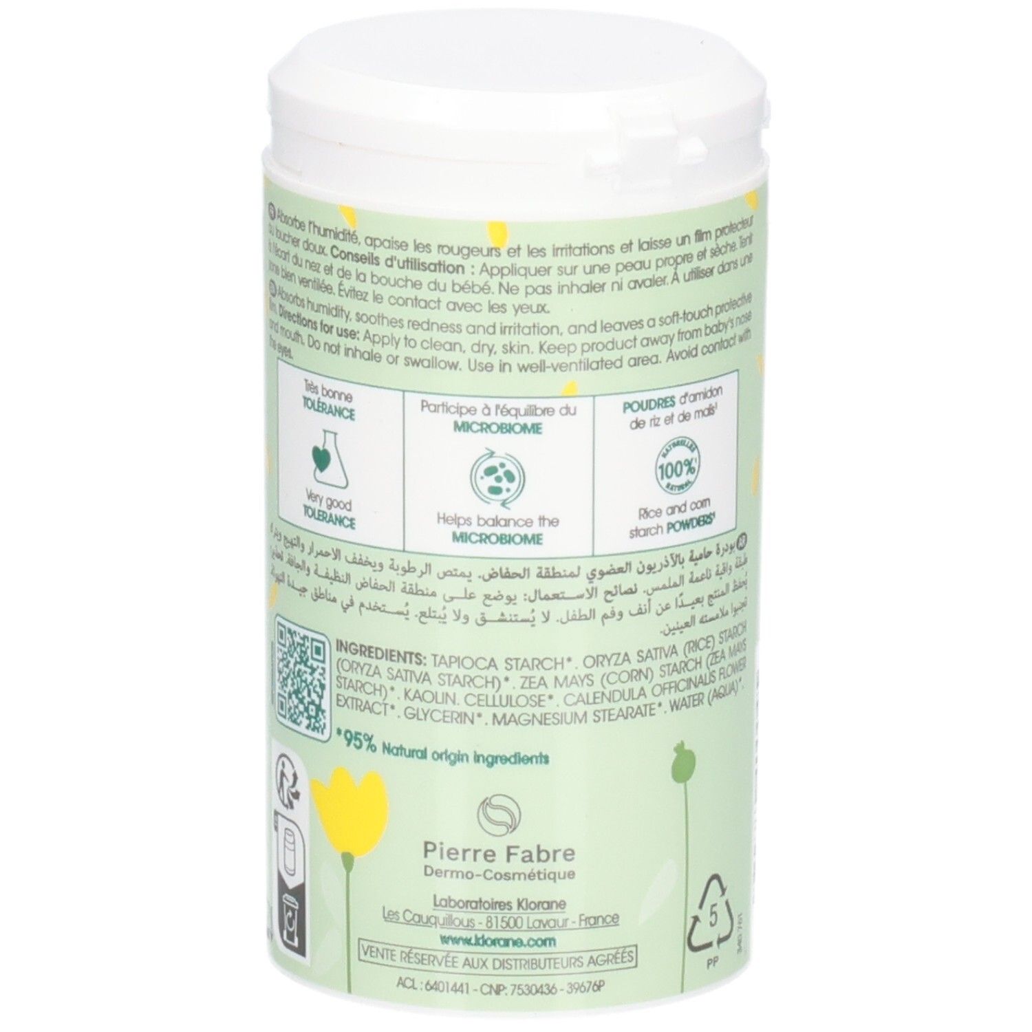 Boîte verte avec couvercle blanc. Texte et logos au dos. Contient 75g. 95% ingrédients naturels.