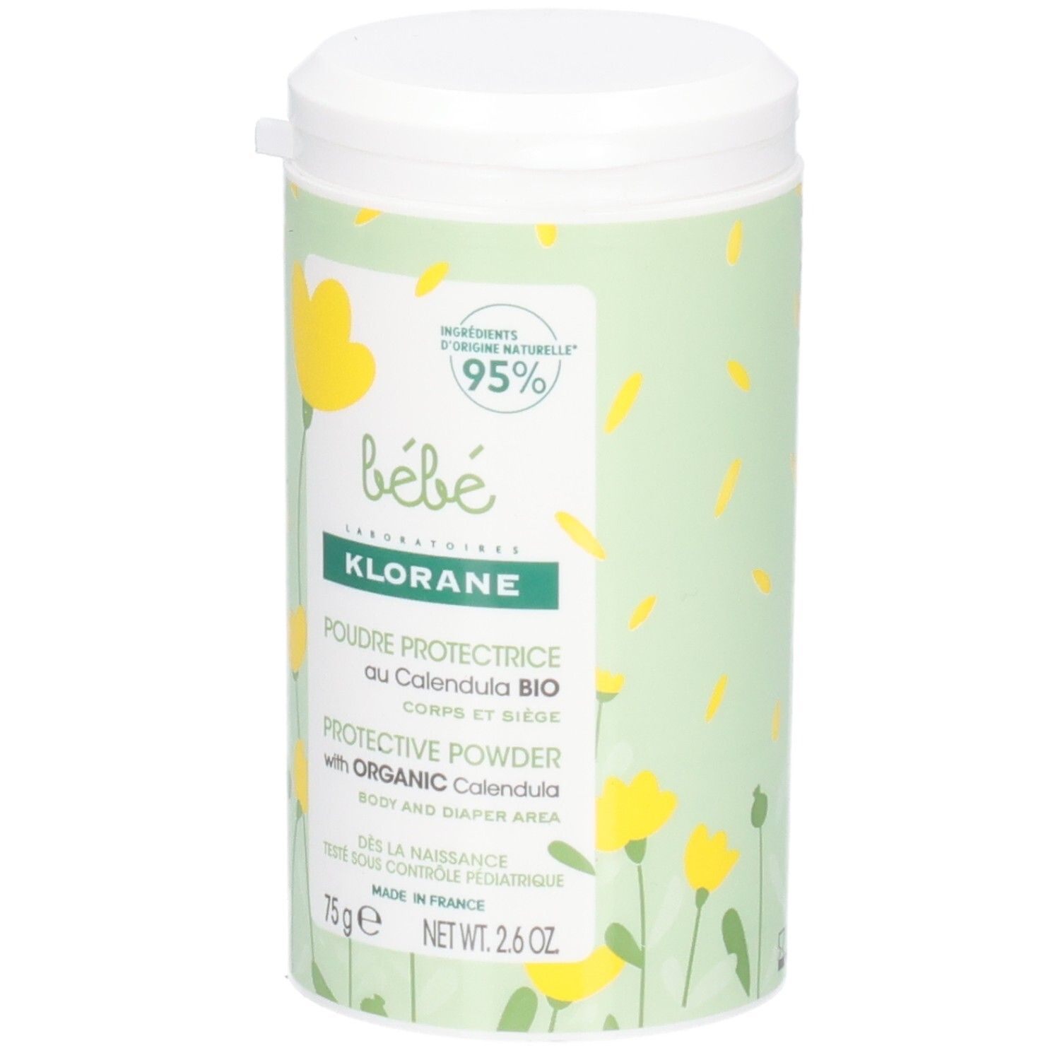 Boîte cylindrique blanche et verte. Inscriptions: Klorane Bébé, Poudre Protectrice au Calendula Bio. 75g, 2.6 OZ. Décor floral jaune.