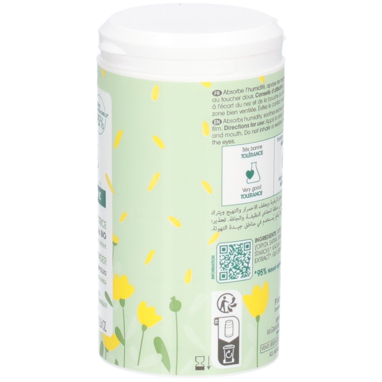 Boîte verte avec couvercle blanc. Texte et logos au dos. Contient 75g. 95% ingrédients naturels.