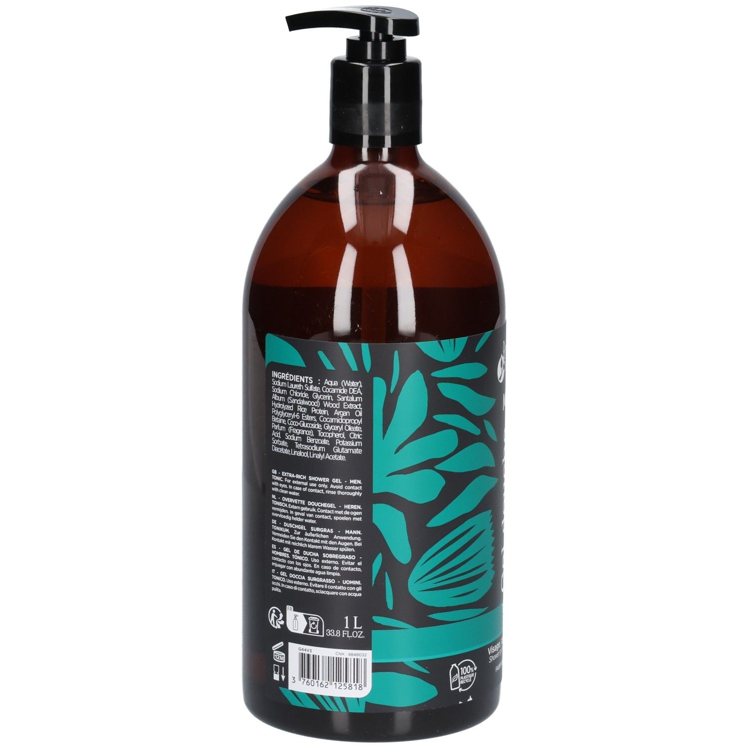 Arrière du flacon Mkl Green Nature 1L gel douche, avec ingrédients et certifications.