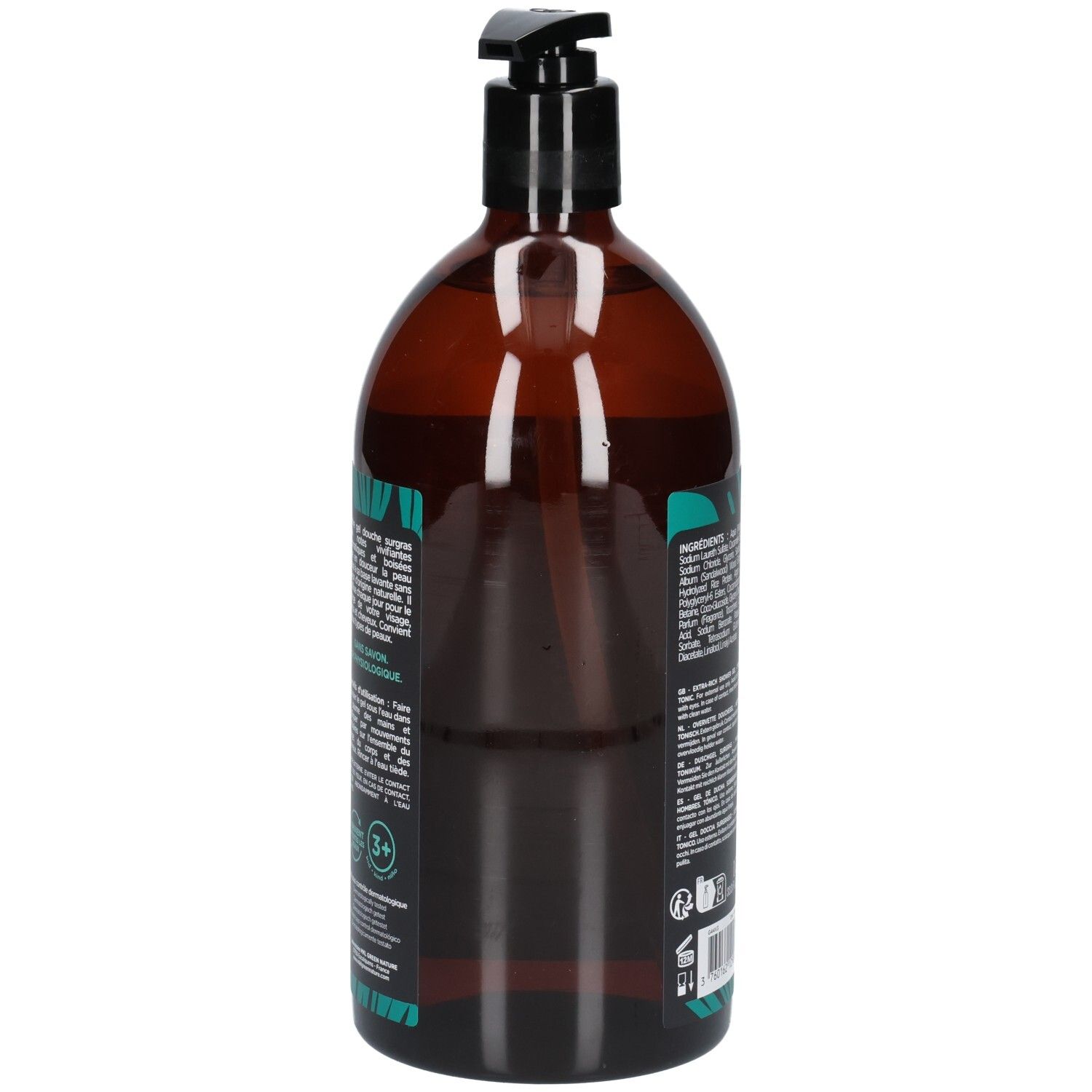 Vue latérale du flacon Mkl Green Nature 1L gel douche avec pompe.