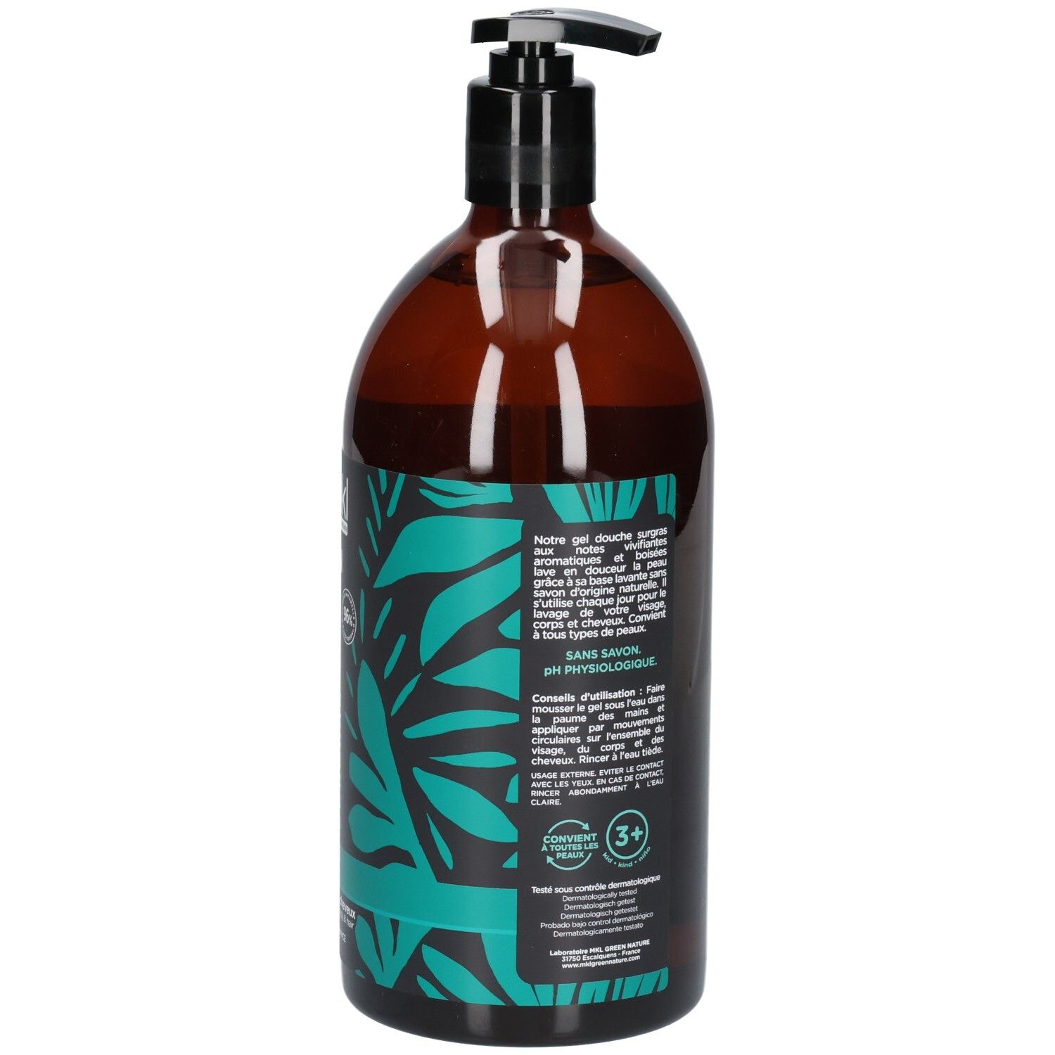 Arrière du flacon Mkl Green Nature 1L gel douche, avec instructions et labels.