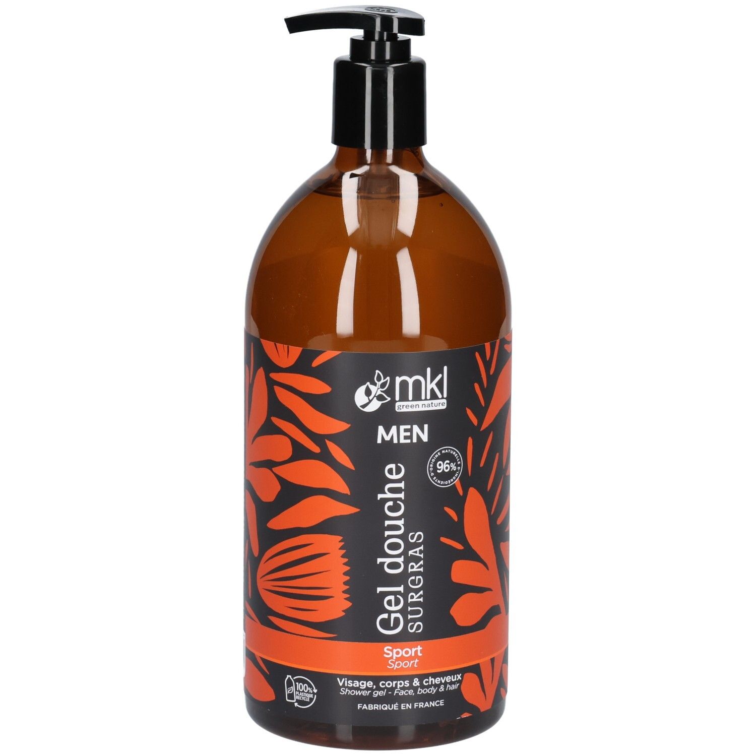 Flacon pompe marron avec étiquette Mkl Green Nature Gel Dusch Surgras Men Sport.