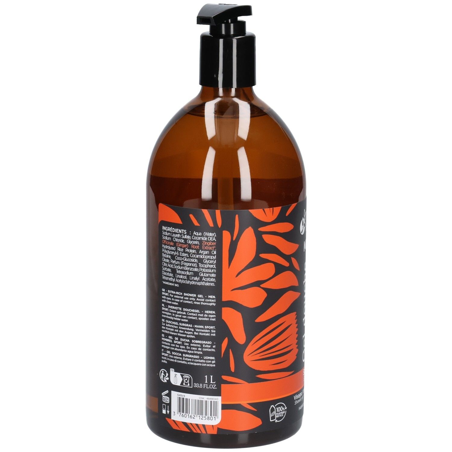 Arrière d'un flacon pompe marron avec ingrédients et indication 1L.