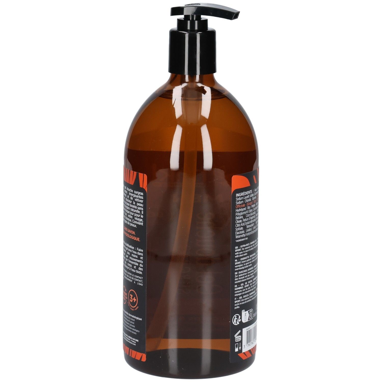 Vue latérale d'un flacon pompe marron avec étiquette Mkl Green Nature Gel Dusch Surgras Men Sport.
