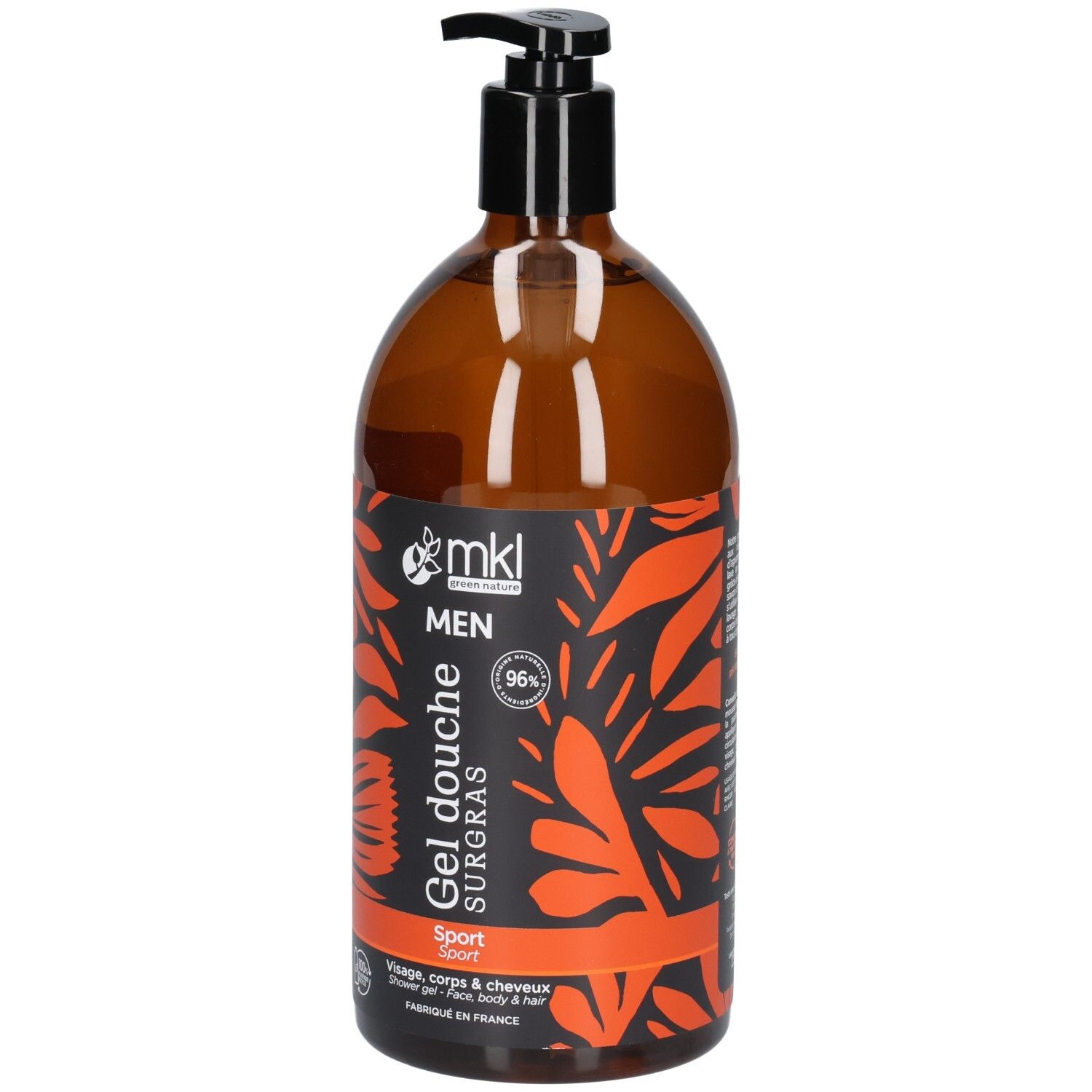 Flacon pompe marron avec étiquette Mkl Green Nature Gel Dusch Surgras Men Sport, vue de face.