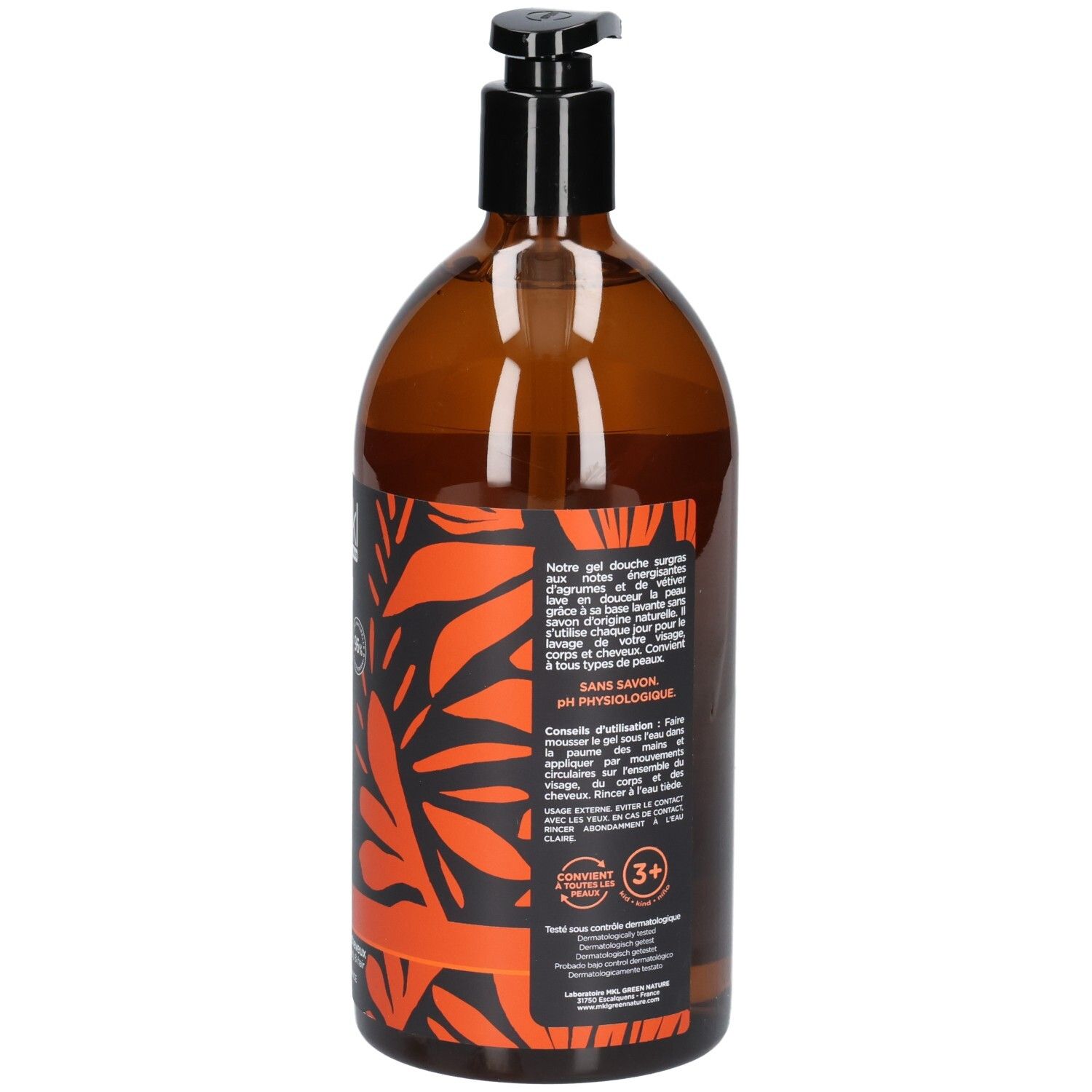 Arrière d'un flacon pompe marron avec informations détaillées sur le produit et sceaux.