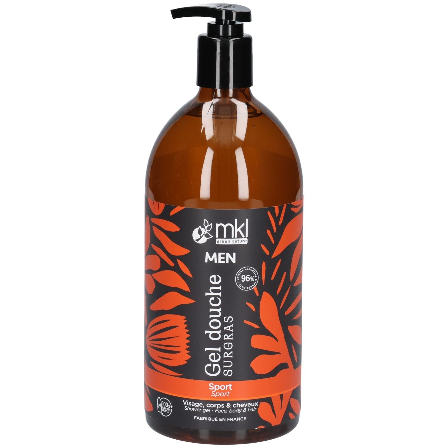 Vue de face d'un flacon pompe marron, Mkl Green Nature Gel Dusch Surgras Men Sport.