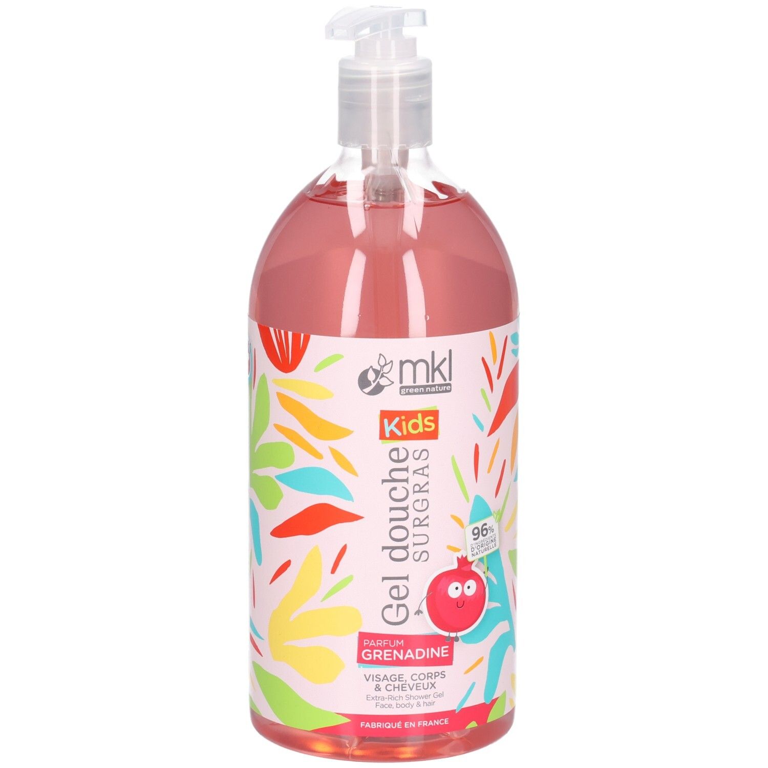 Mkl Green Nature Gel douche pour enfants, 1L, parfum Grenadine, visage, corps et cheveux.