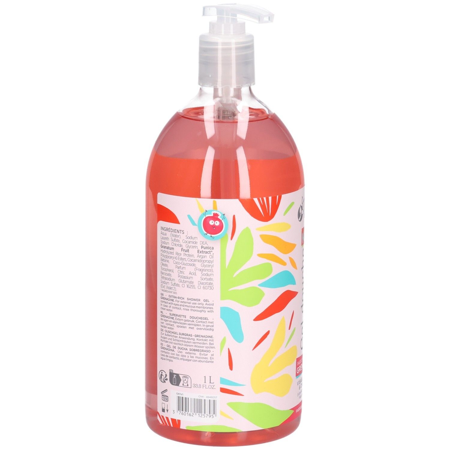 Arrière du Mkl Green Nature Gel douche pour enfants, 1L, avec liste des ingrédients et certifications.